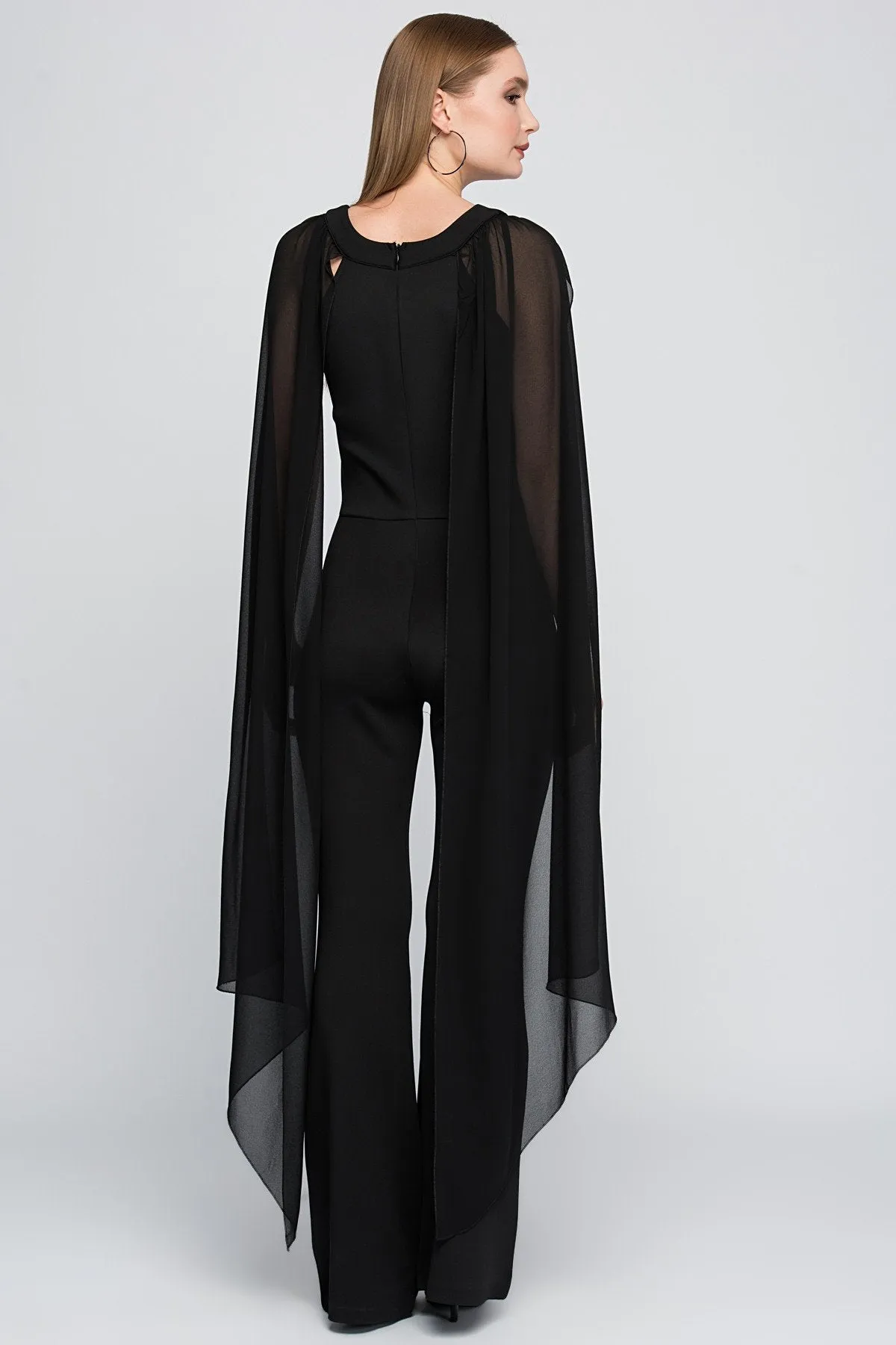16189 Black Cape Sleeve Bodycon Flare Jumpsuit