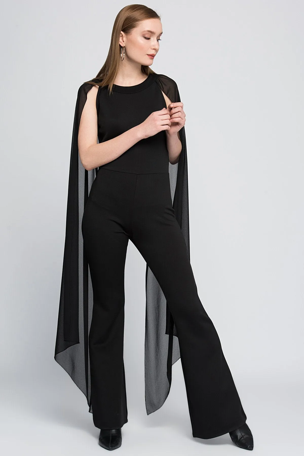 16189 Black Cape Sleeve Bodycon Flare Jumpsuit