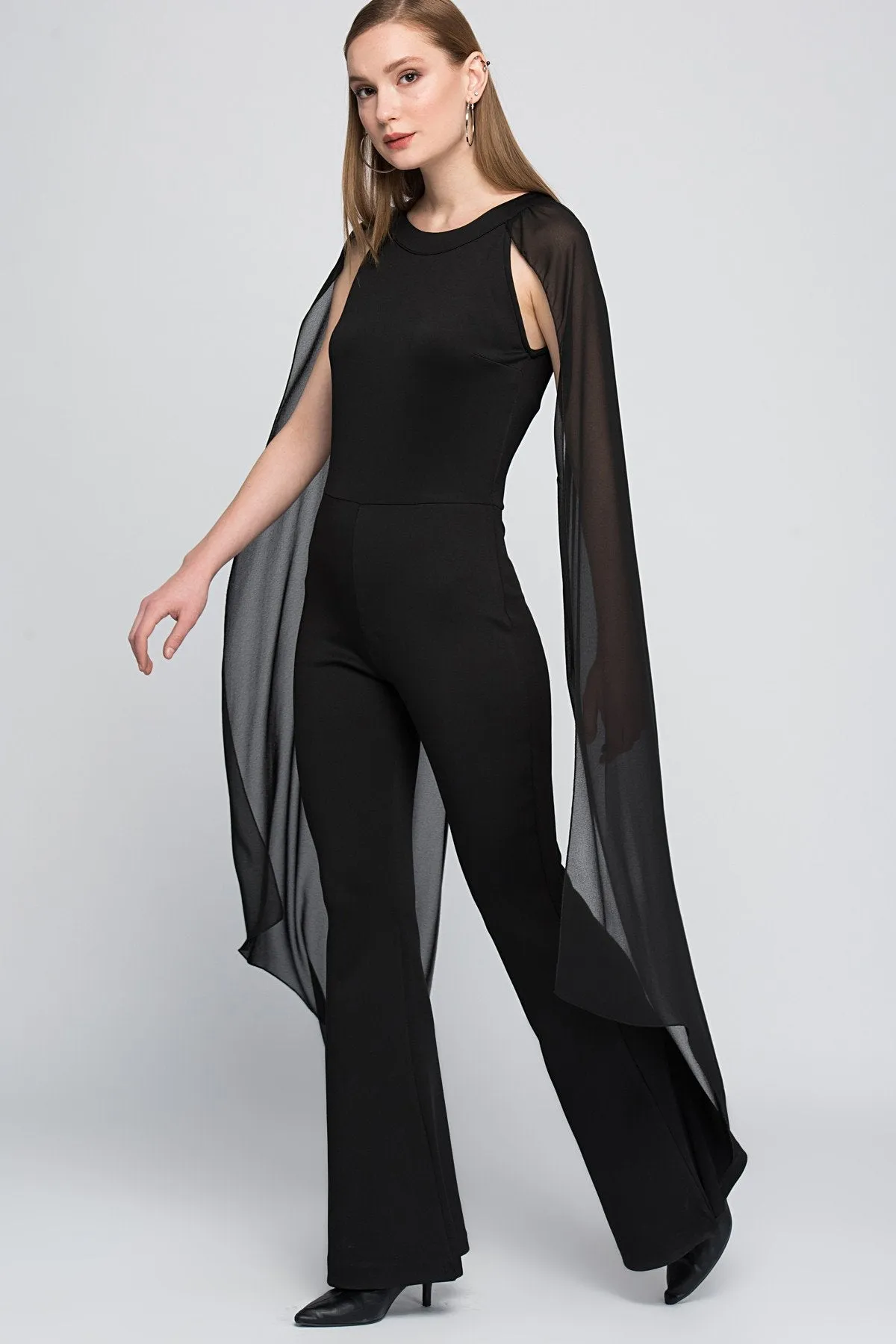 16189 Black Cape Sleeve Bodycon Flare Jumpsuit