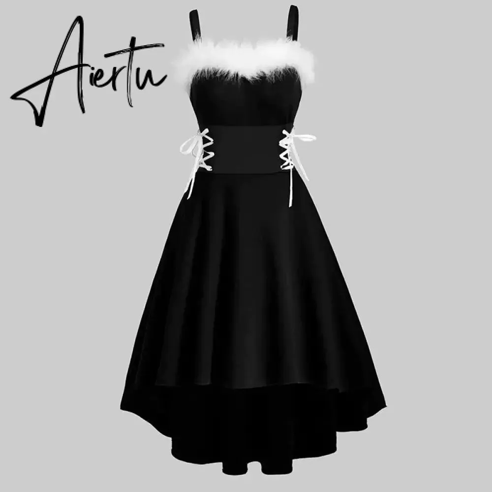 Aieru Winter Women Christmas Dress Elegant Puff Long Sleeve Faux Fur Collar Midi Party Costume Xmas New Year Festival Robe