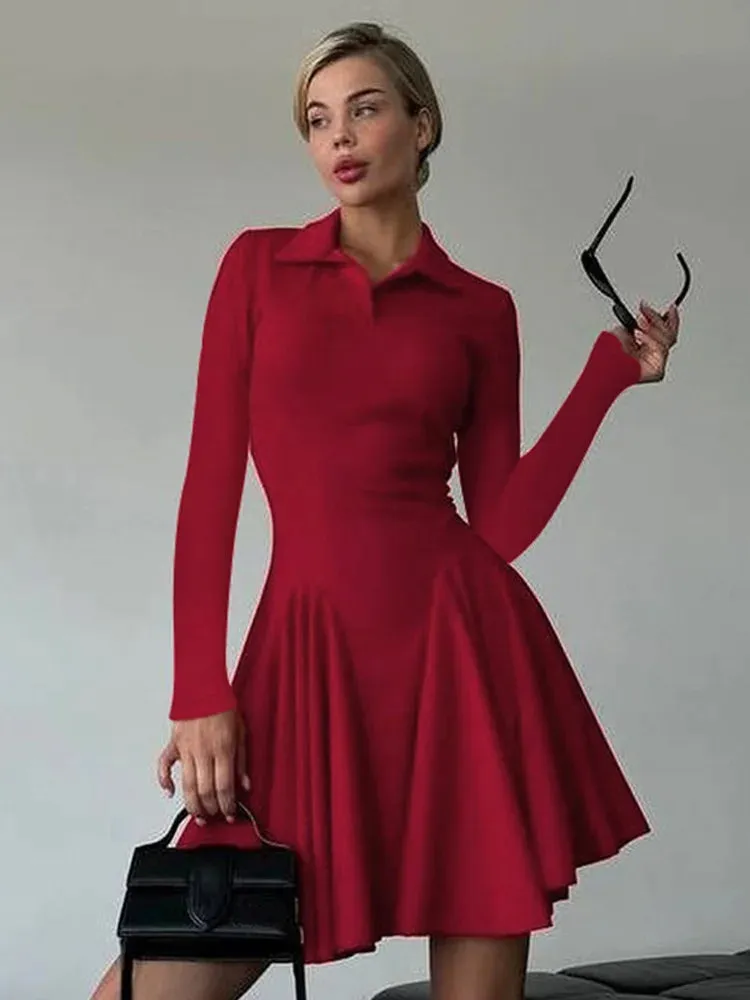 Amozae Lapel Fashion Autumn Mini Dress Female High Waist Solid Slim Patchwork Skinny Casual Party Dress Women's Bodycon Dress