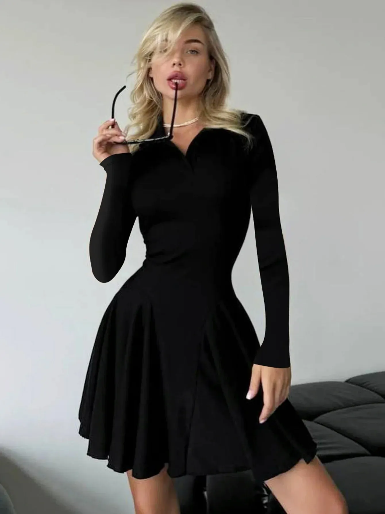 Amozae Lapel Fashion Autumn Mini Dress Female High Waist Solid Slim Patchwork Skinny Casual Party Dress Women's Bodycon Dress