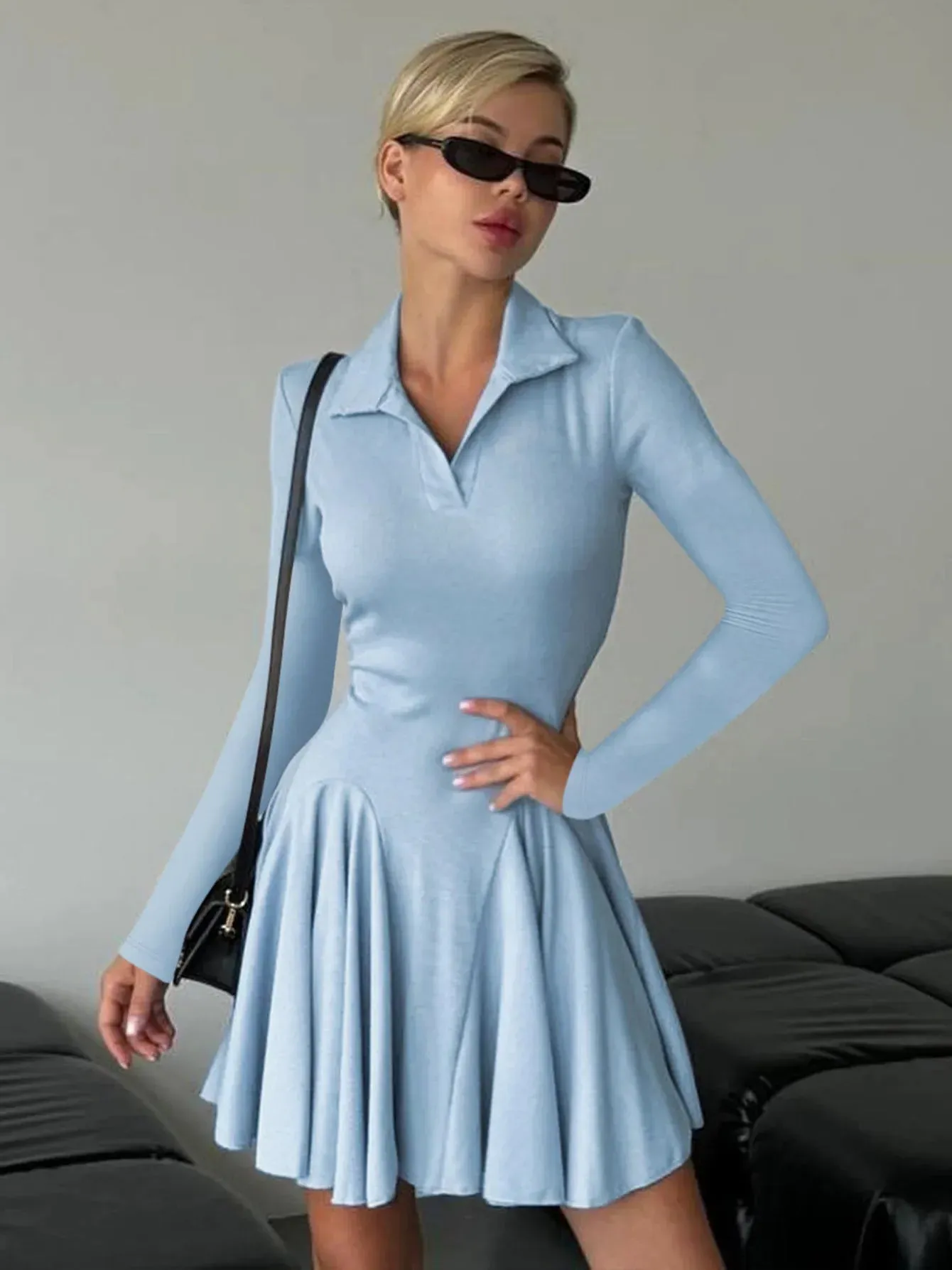Amozae Lapel Fashion Autumn Mini Dress Female High Waist Solid Slim Patchwork Skinny Casual Party Dress Women's Bodycon Dress