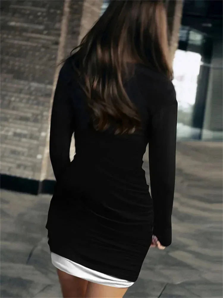 Amozae Pleated Contrast Slim Mini Dress Female Long Sleeve Casual Patchwork Vintage Party Dress Clothes Women's Bodycon Dress