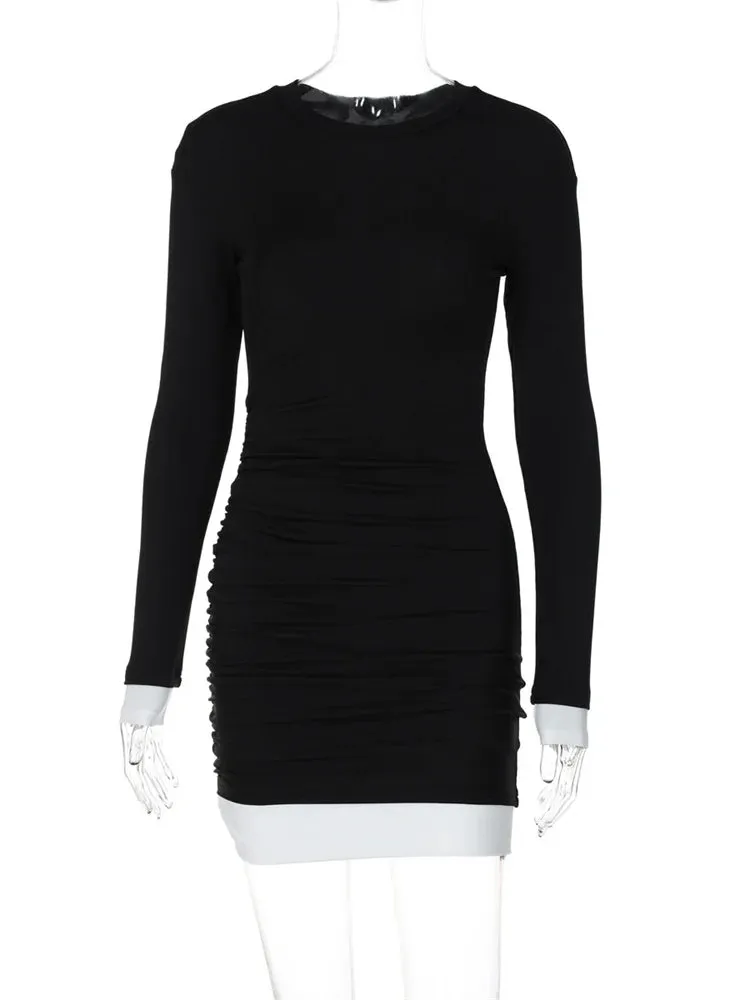 Amozae Pleated Contrast Slim Mini Dress Female Long Sleeve Casual Patchwork Vintage Party Dress Clothes Women's Bodycon Dress