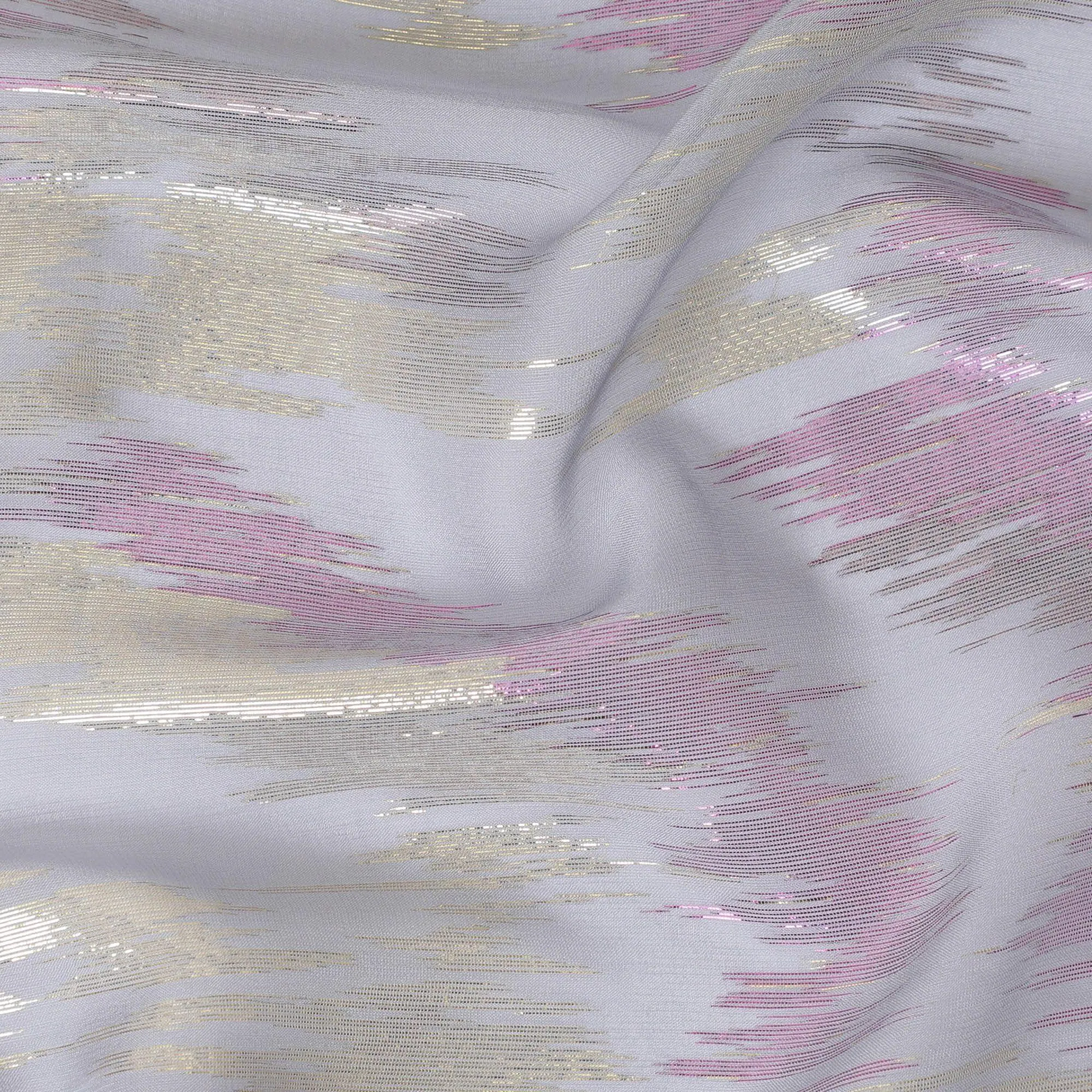 Ash grey Premium pure silk chiffon fabric with gold and pink metallic lurex in abstract design-D12321