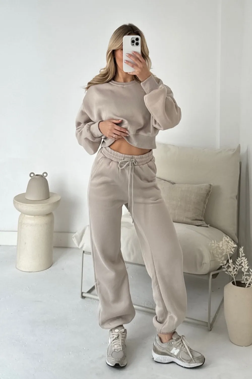Ashley beige cropped sweater and jogger loungewear