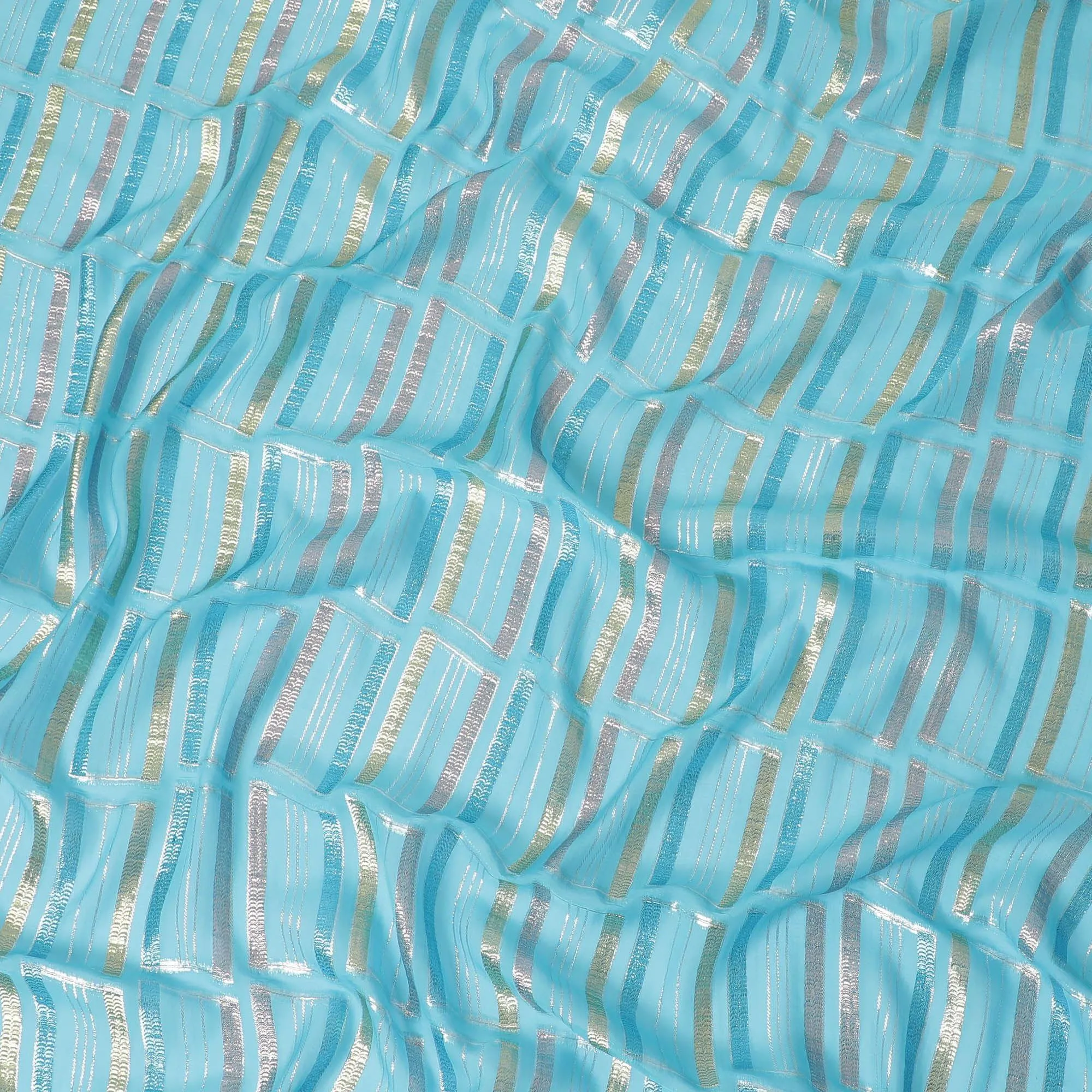 Baby blue Premium pure silk chiffon fabric with multicolor metallic lurex in abstract design-D13846