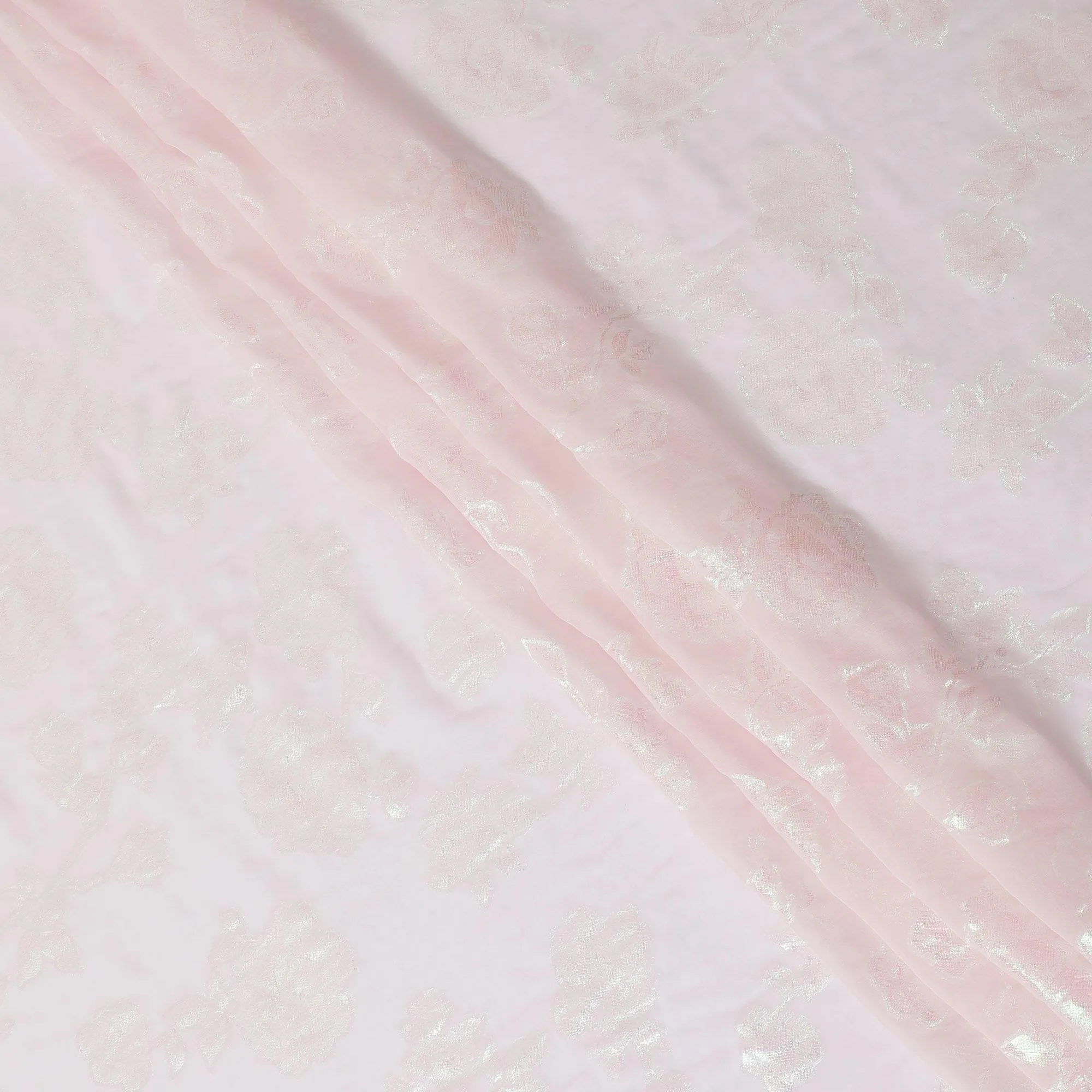 Baby pink premium pure silk chiffon fabric with neon green metallic lurex in floral design-D12415