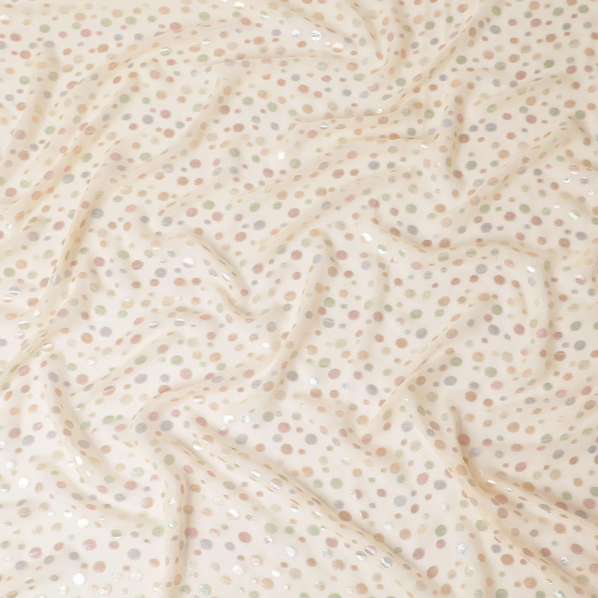 Beige Premium pure silk chiffon fabric with multicolor metallic lurex in dot design-D15335
