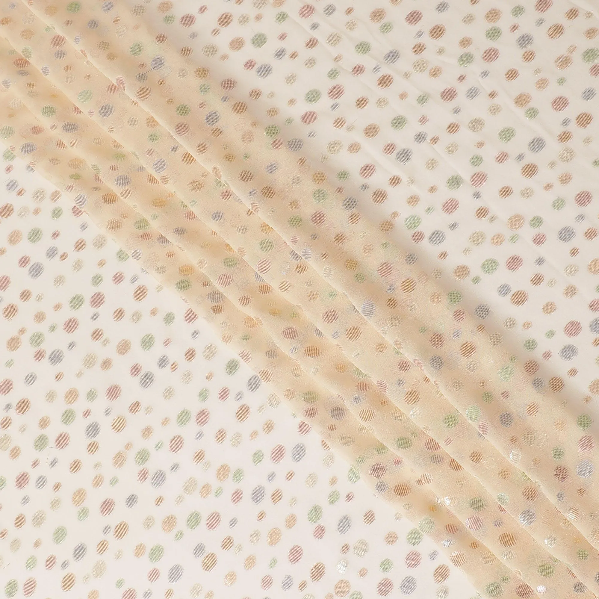 Beige Premium pure silk chiffon fabric with multicolor metallic lurex in dot design-D15335