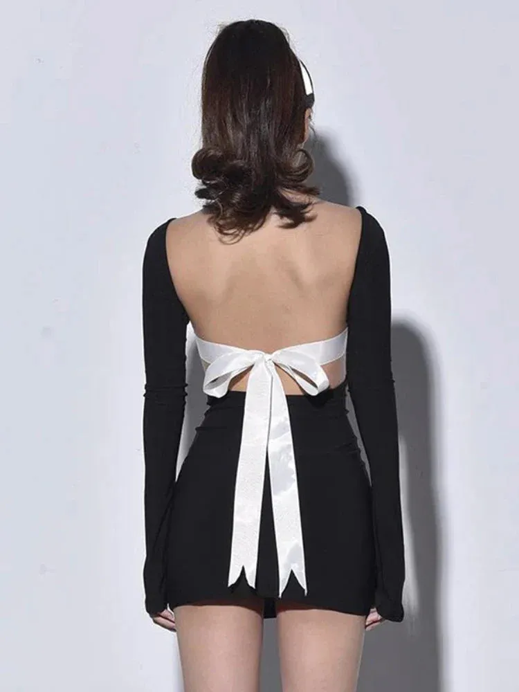 Bodycon Slim Mini Black Long Splice Backless Sleeve Bow Dress