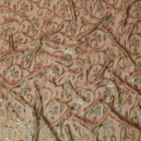 Brown Premium pure changent silk chiffon fabric with black, sage green viscose having gold metallic lurex in floral design-D14644