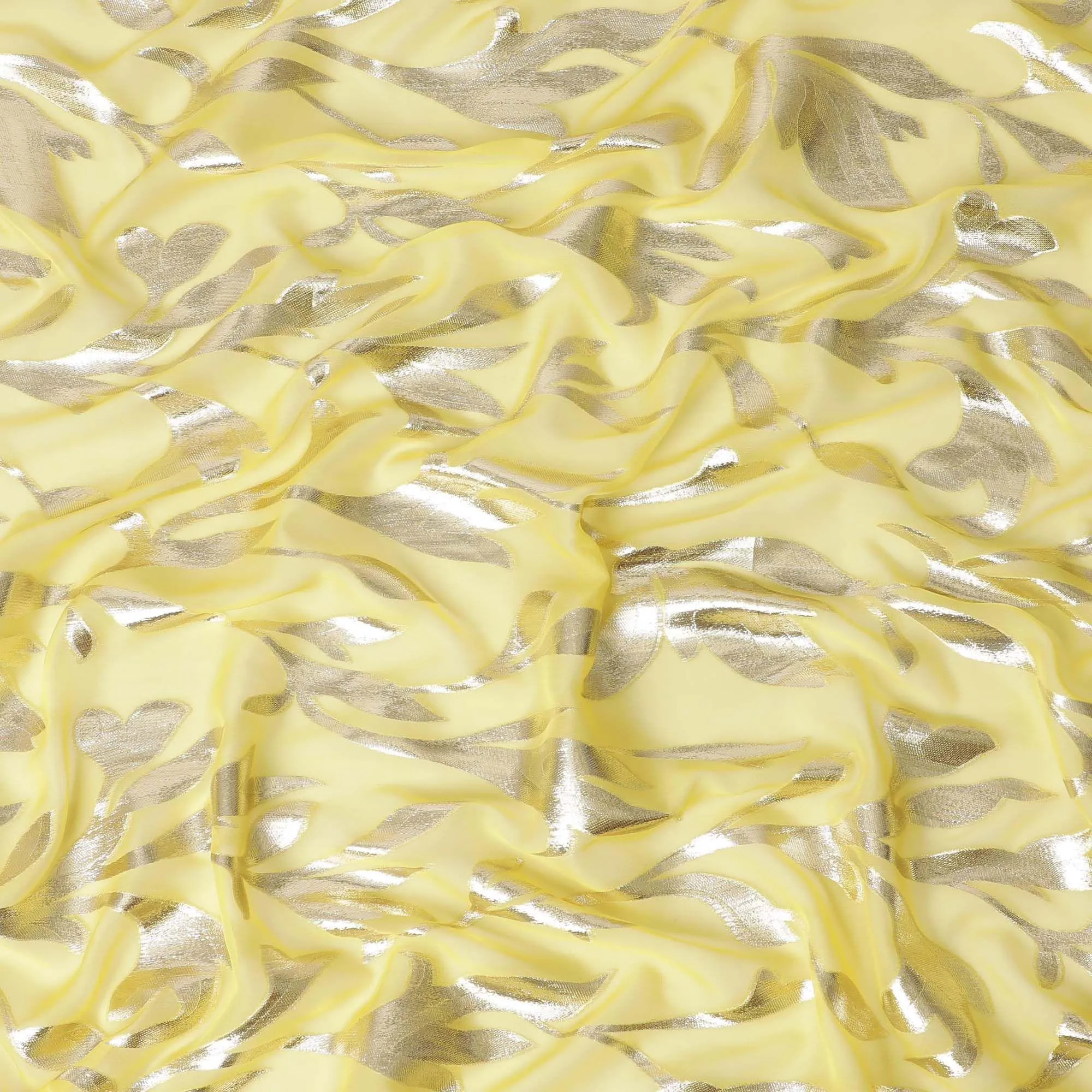Cheese yellow Premium pure silk chiffon with gold metallic lurex in Leaf design-D11360