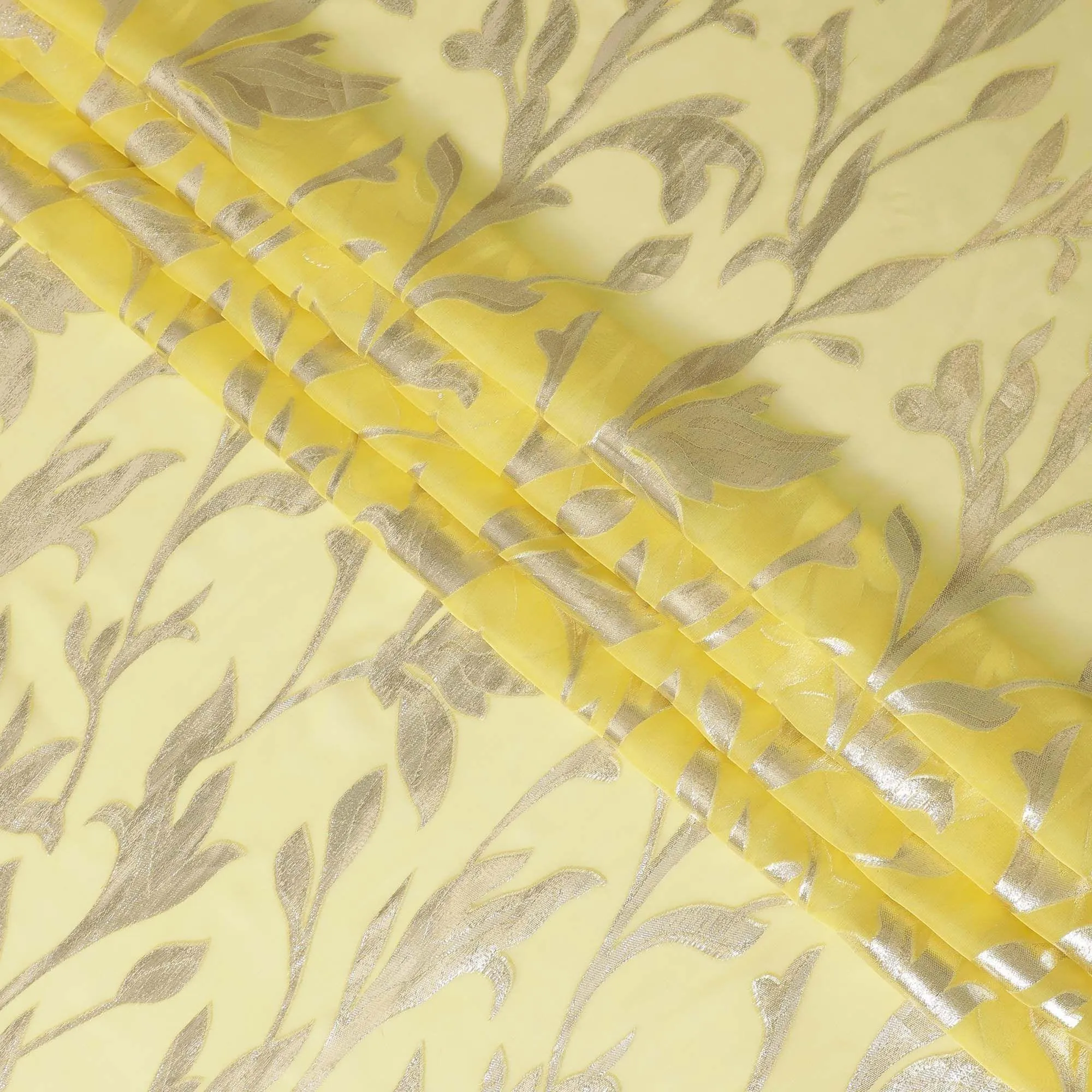 Cheese yellow Premium pure silk chiffon with gold metallic lurex in Leaf design-D11360