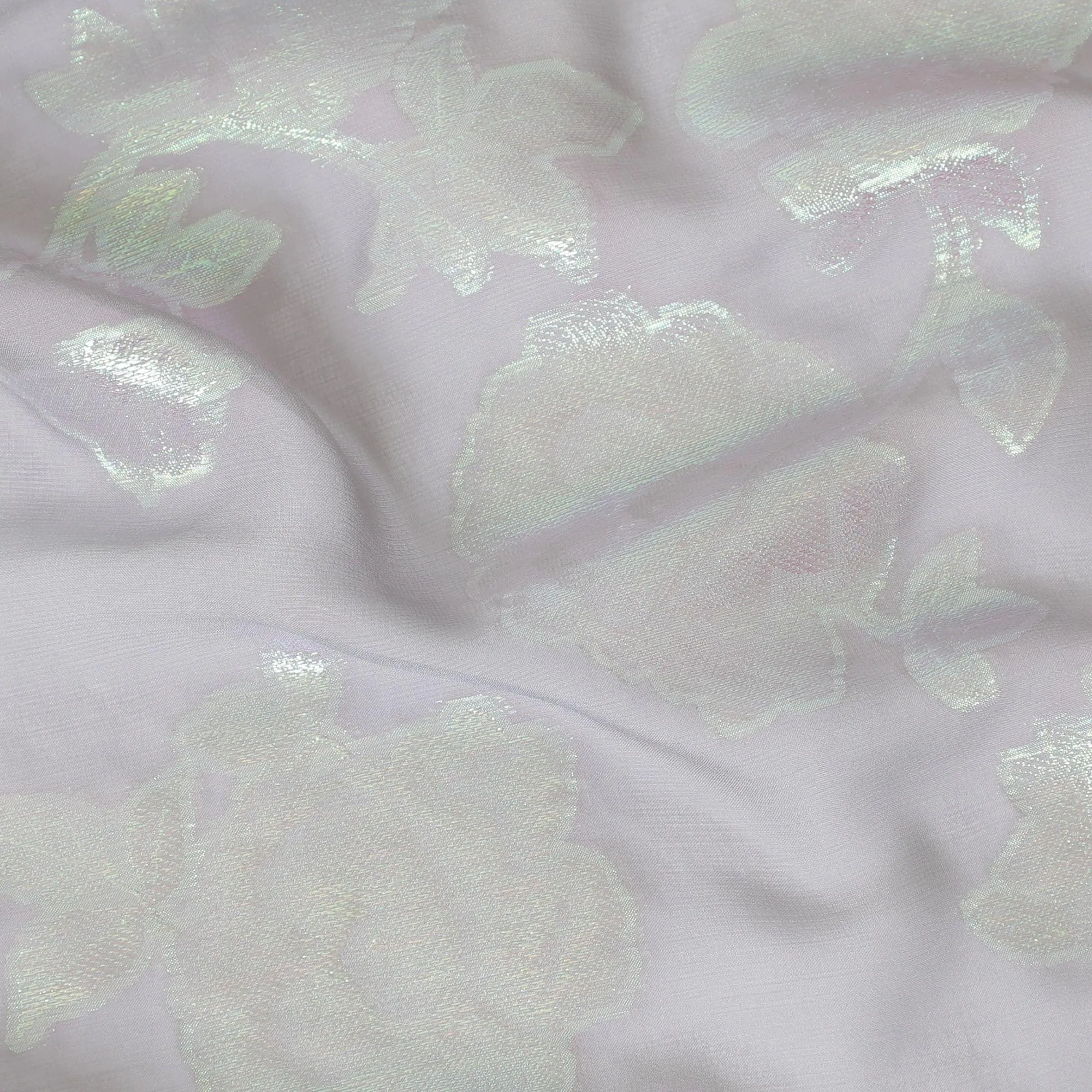 Cloud grey Premium pure silk chiffon fabric with same tone and neon green metallic lurex in floral design-D13892