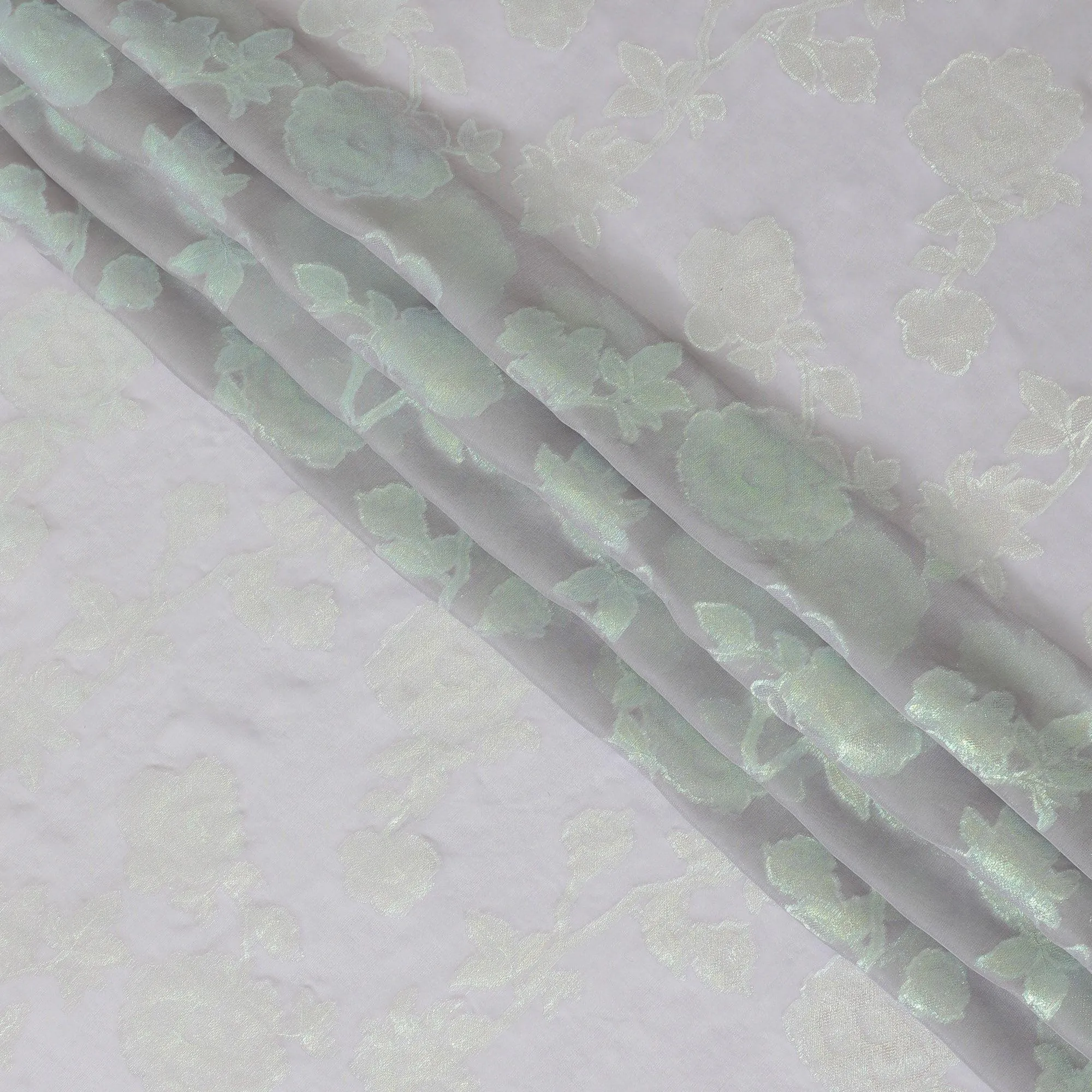 Cloud grey Premium pure silk chiffon fabric with same tone and neon green metallic lurex in floral design-D13892