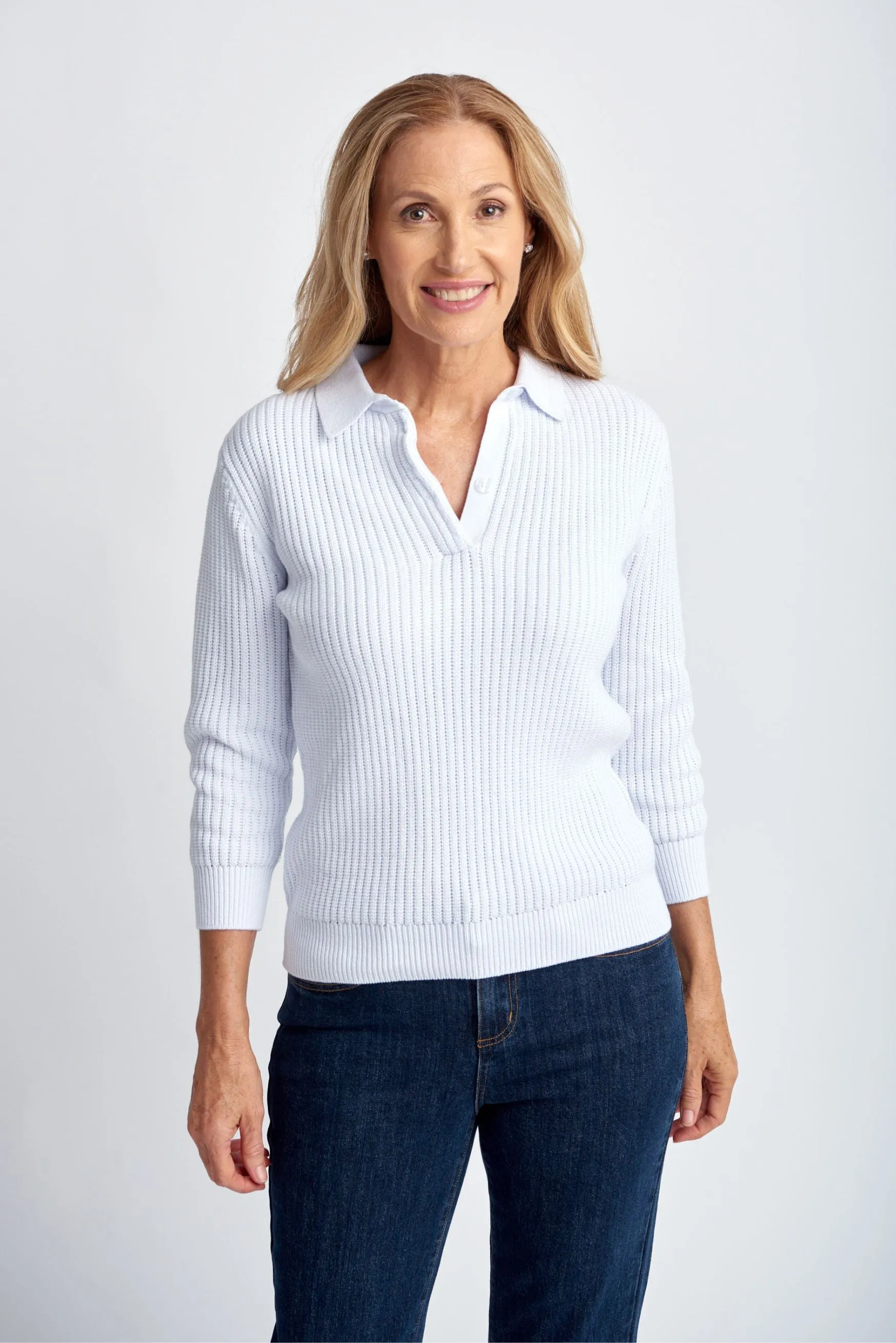 Cotton 3/4 Sleeve Collared Knit White