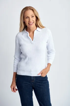Cotton 3/4 Sleeve Collared Knit White