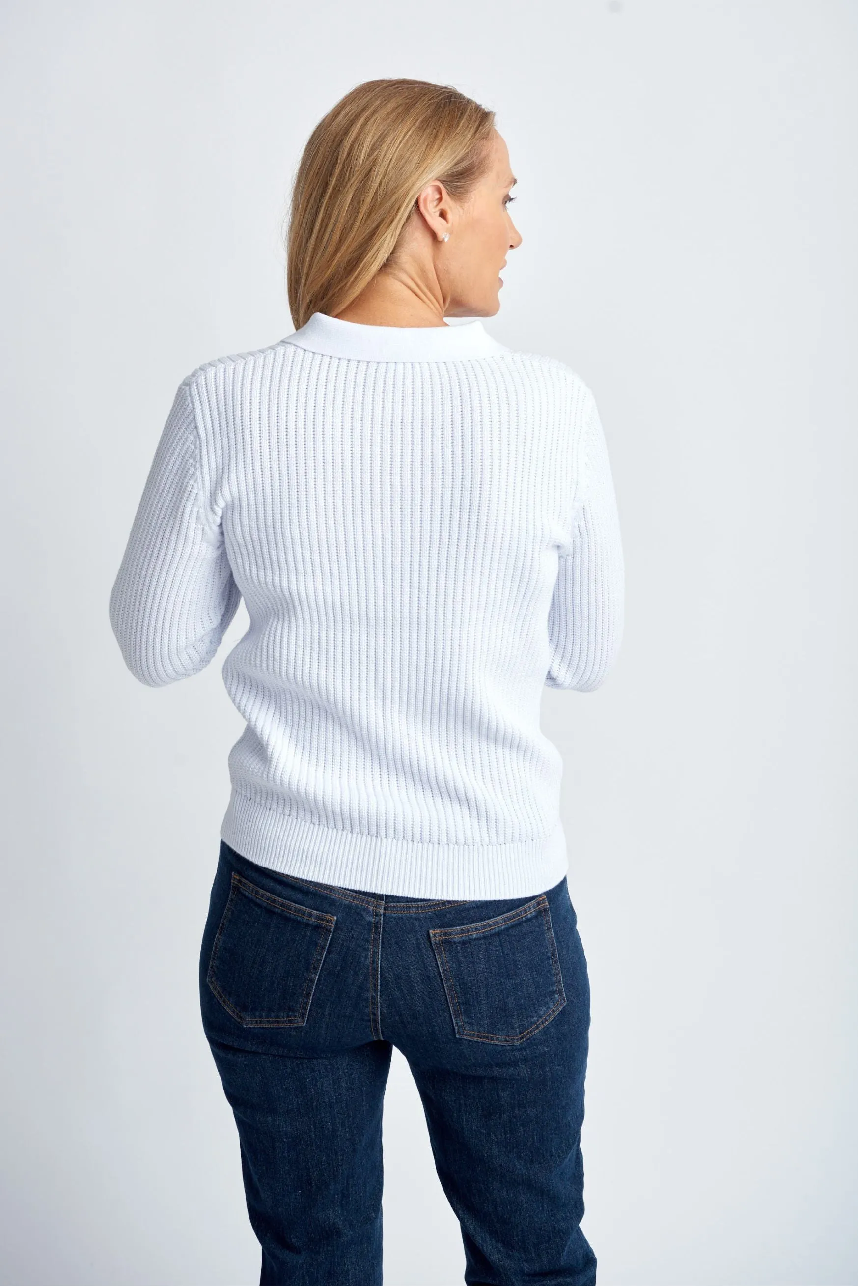 Cotton 3/4 Sleeve Collared Knit White