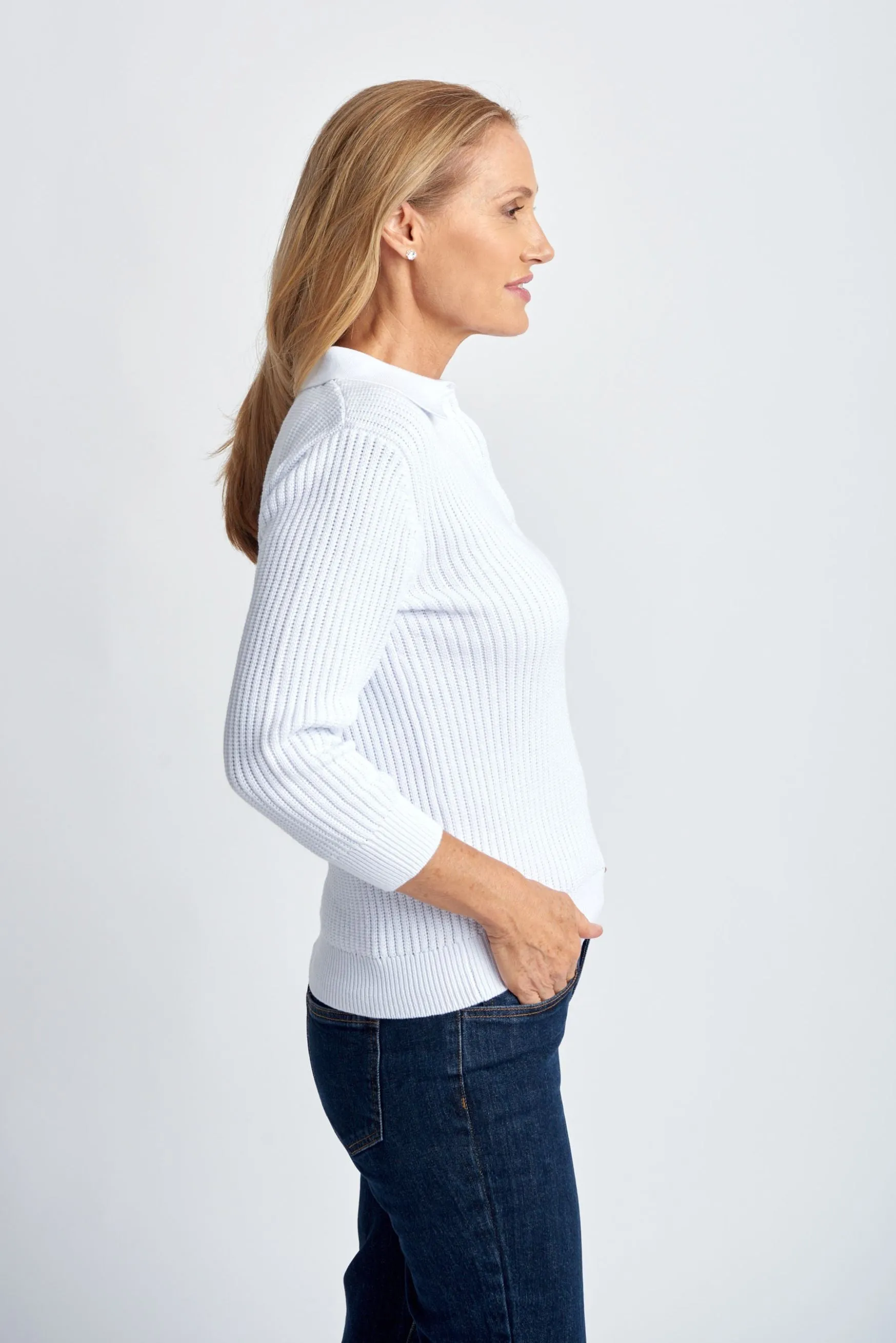 Cotton 3/4 Sleeve Collared Knit White