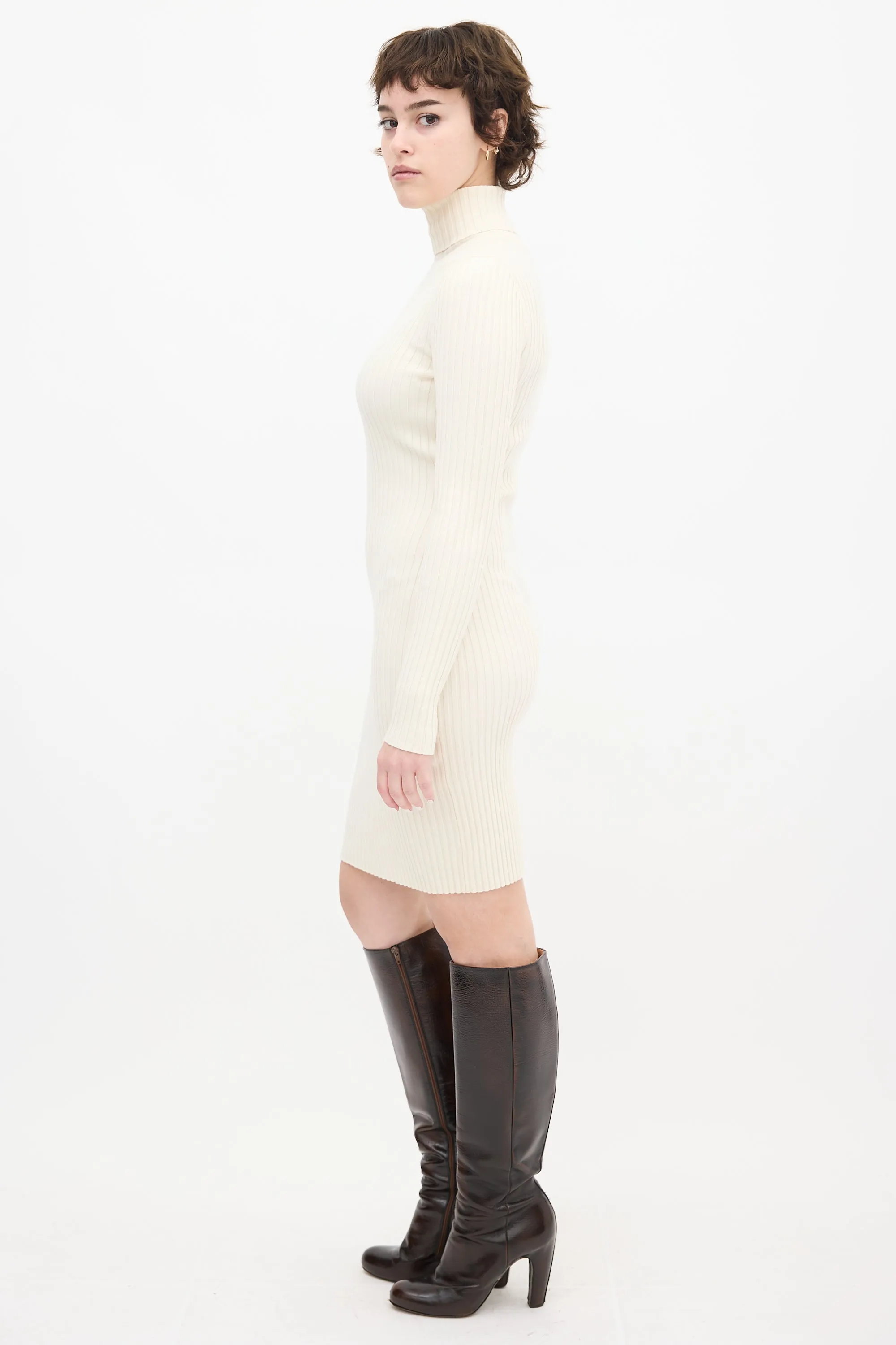Cream Wool Ribbed Knit Turtleneck Midi Dress