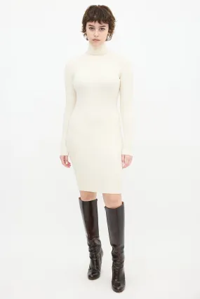 Cream Wool Ribbed Knit Turtleneck Midi Dress