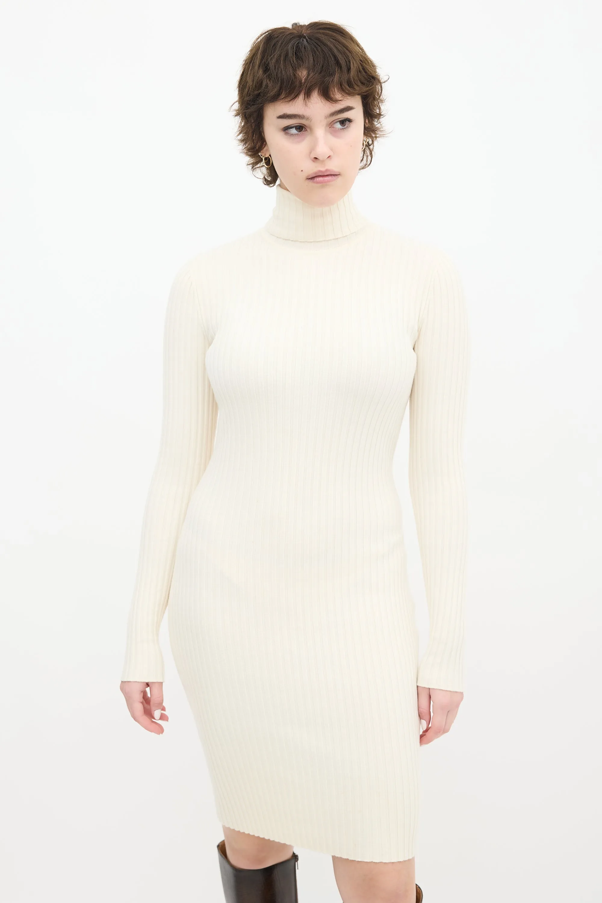 Cream Wool Ribbed Knit Turtleneck Midi Dress