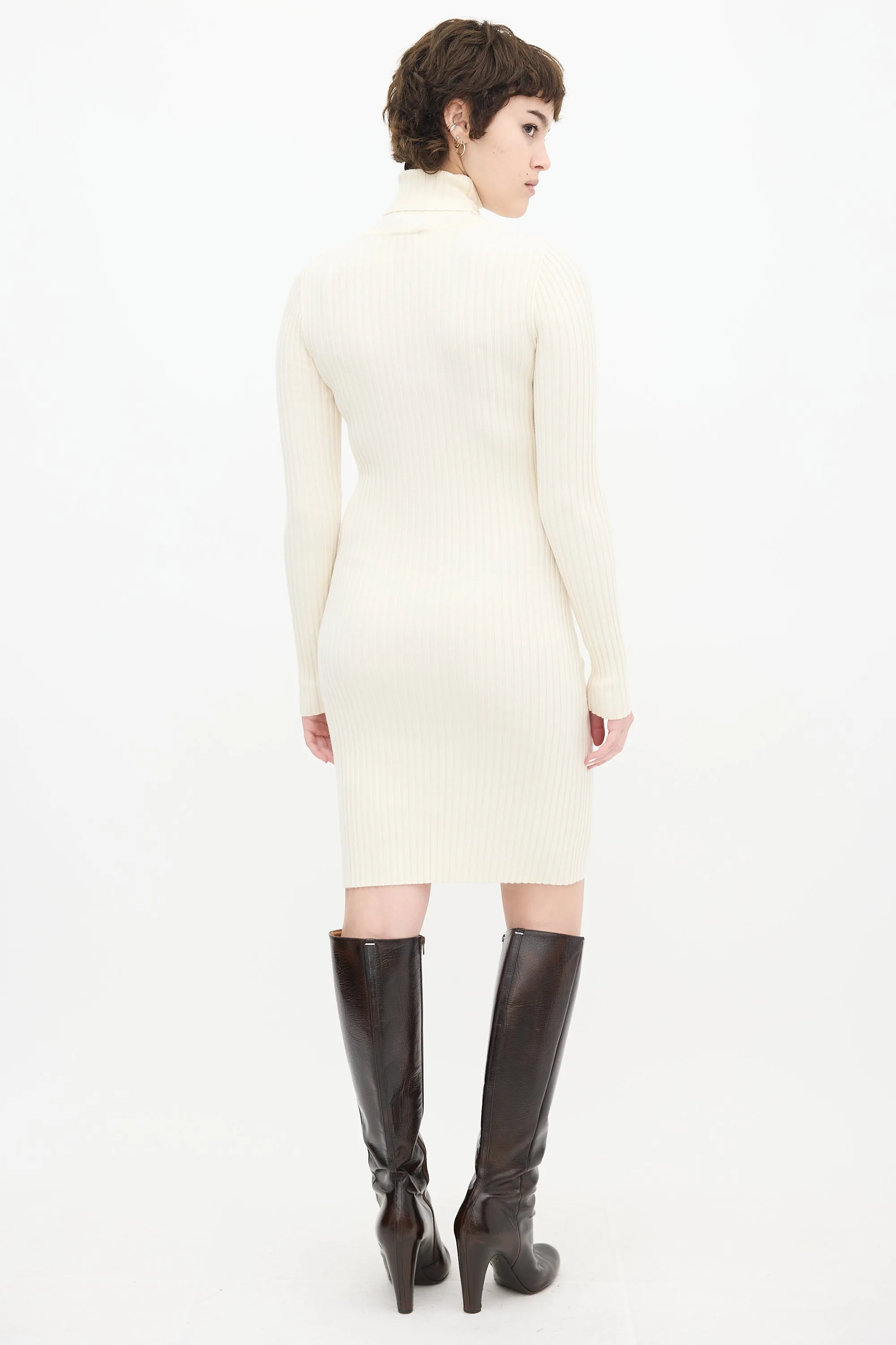 Cream Wool Ribbed Knit Turtleneck Midi Dress