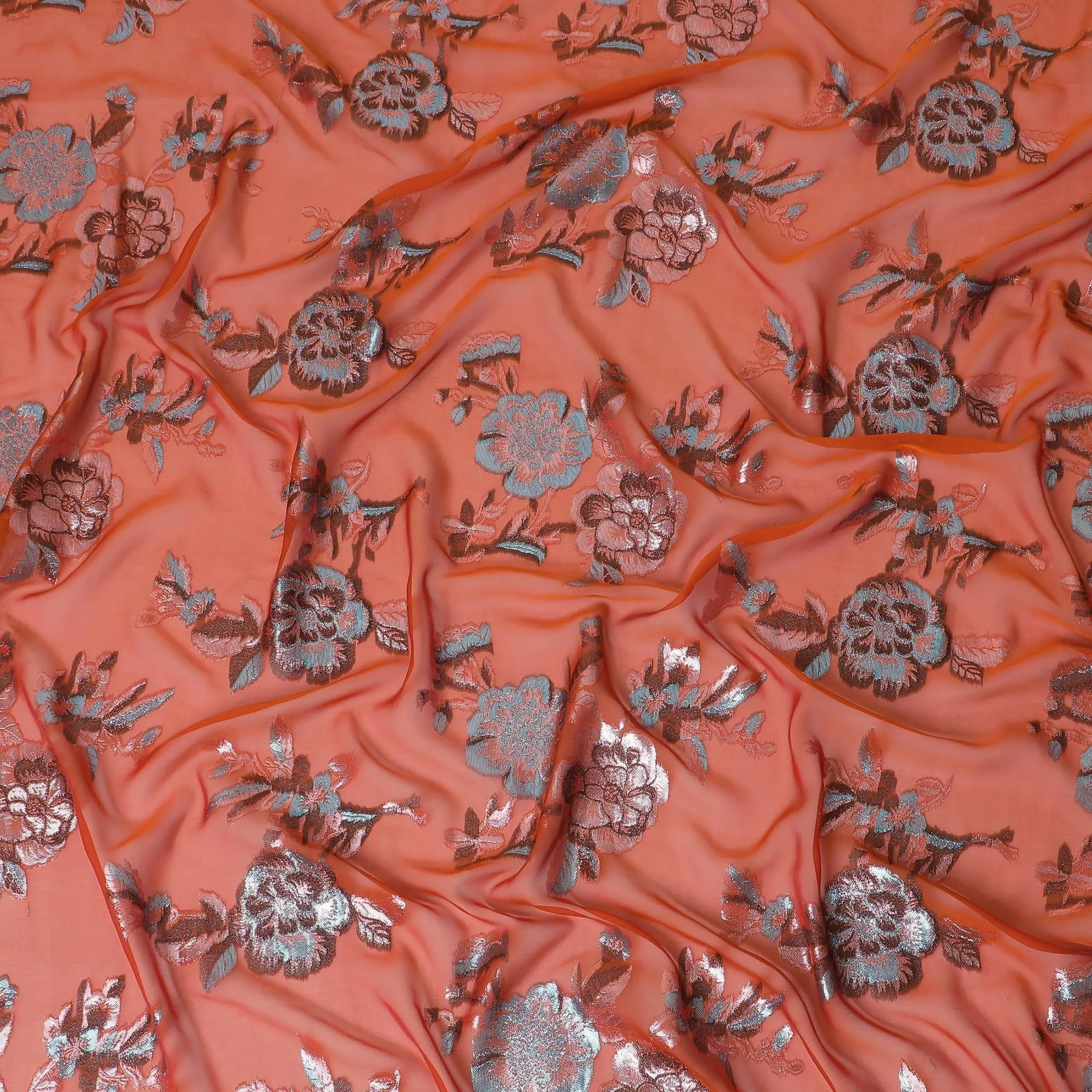 Dark orange premium pure silk chiffon fabric with same tone and blue metallic lurex in floral design-D13726