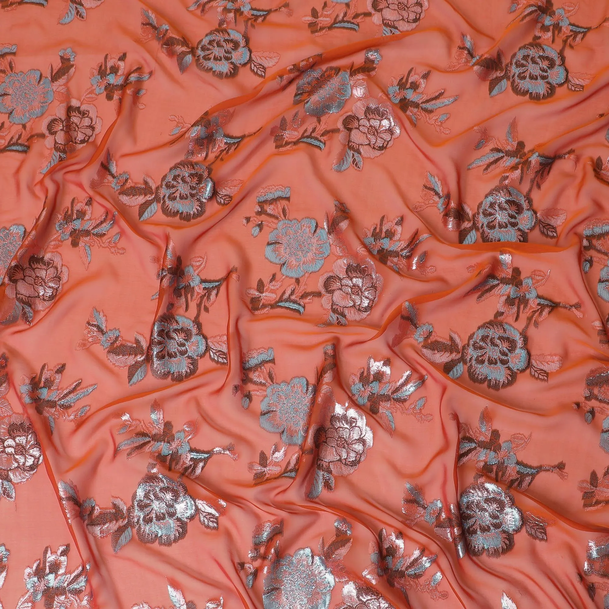 Dark orange premium pure silk chiffon fabric with same tone and blue metallic lurex in floral design-D13726