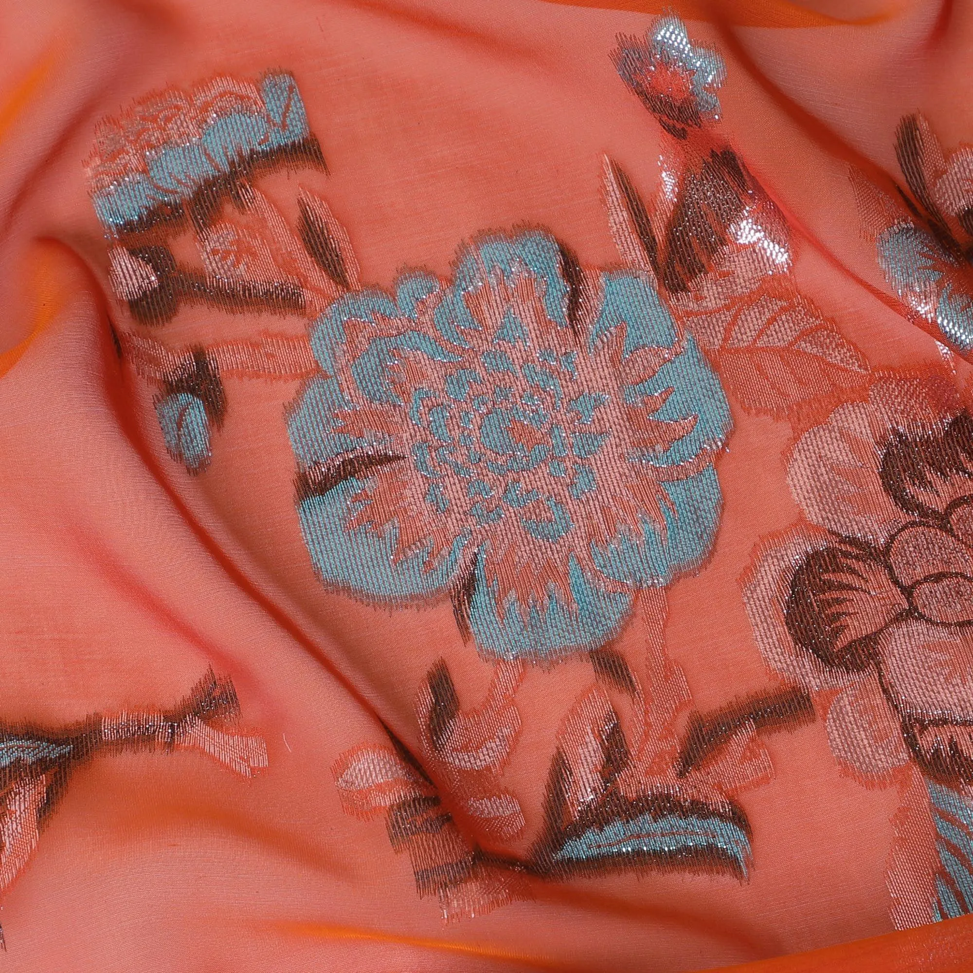 Dark orange premium pure silk chiffon fabric with same tone and blue metallic lurex in floral design-D13726
