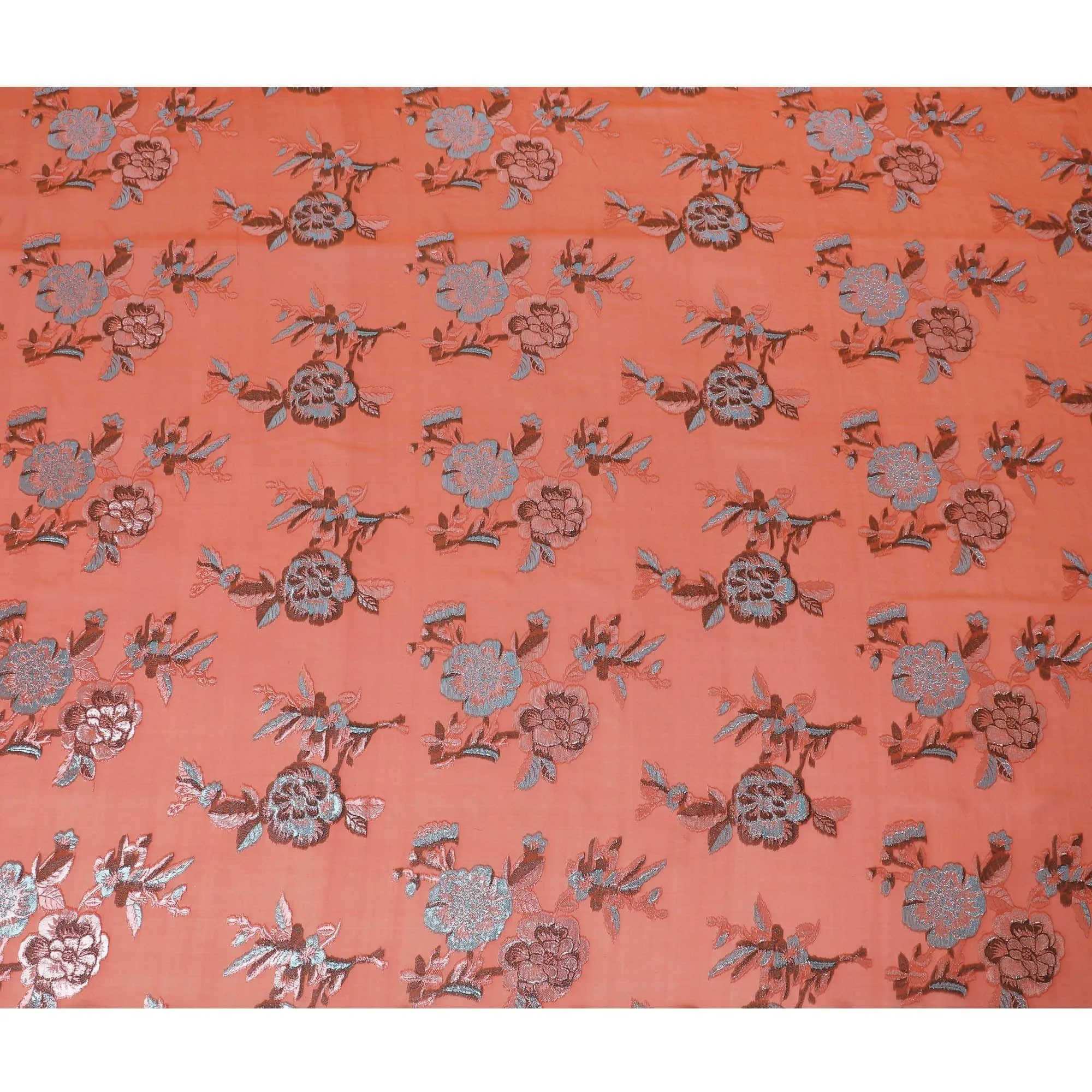 Dark orange premium pure silk chiffon fabric with same tone and blue metallic lurex in floral design-D13726