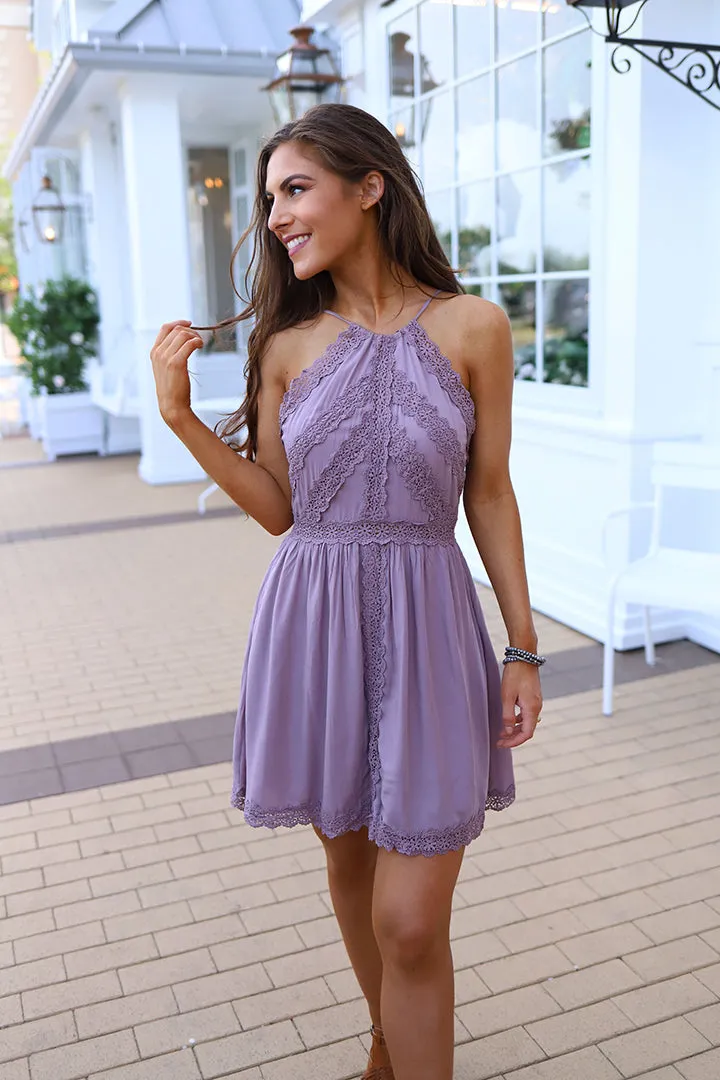 Devri Halter Dress with Lace Trim - Lavender