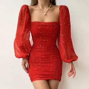 Fashionkova  French Style Bodycon Dress Women Square Collar Puff Sleeve Pleated Mini Dress Girlsfloral Print Tight Chiffon Dresses Clubwear