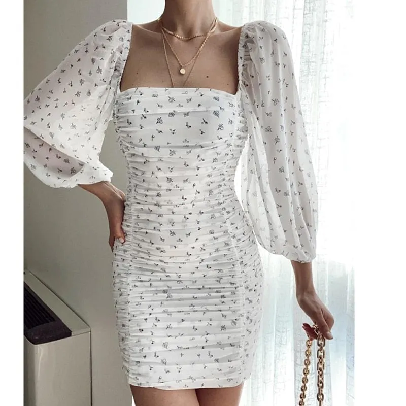 Fashionkova  French Style Bodycon Dress Women Square Collar Puff Sleeve Pleated Mini Dress Girlsfloral Print Tight Chiffon Dresses Clubwear