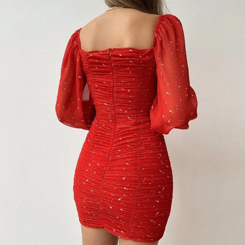 Fashionkova  French Style Bodycon Dress Women Square Collar Puff Sleeve Pleated Mini Dress Girlsfloral Print Tight Chiffon Dresses Clubwear