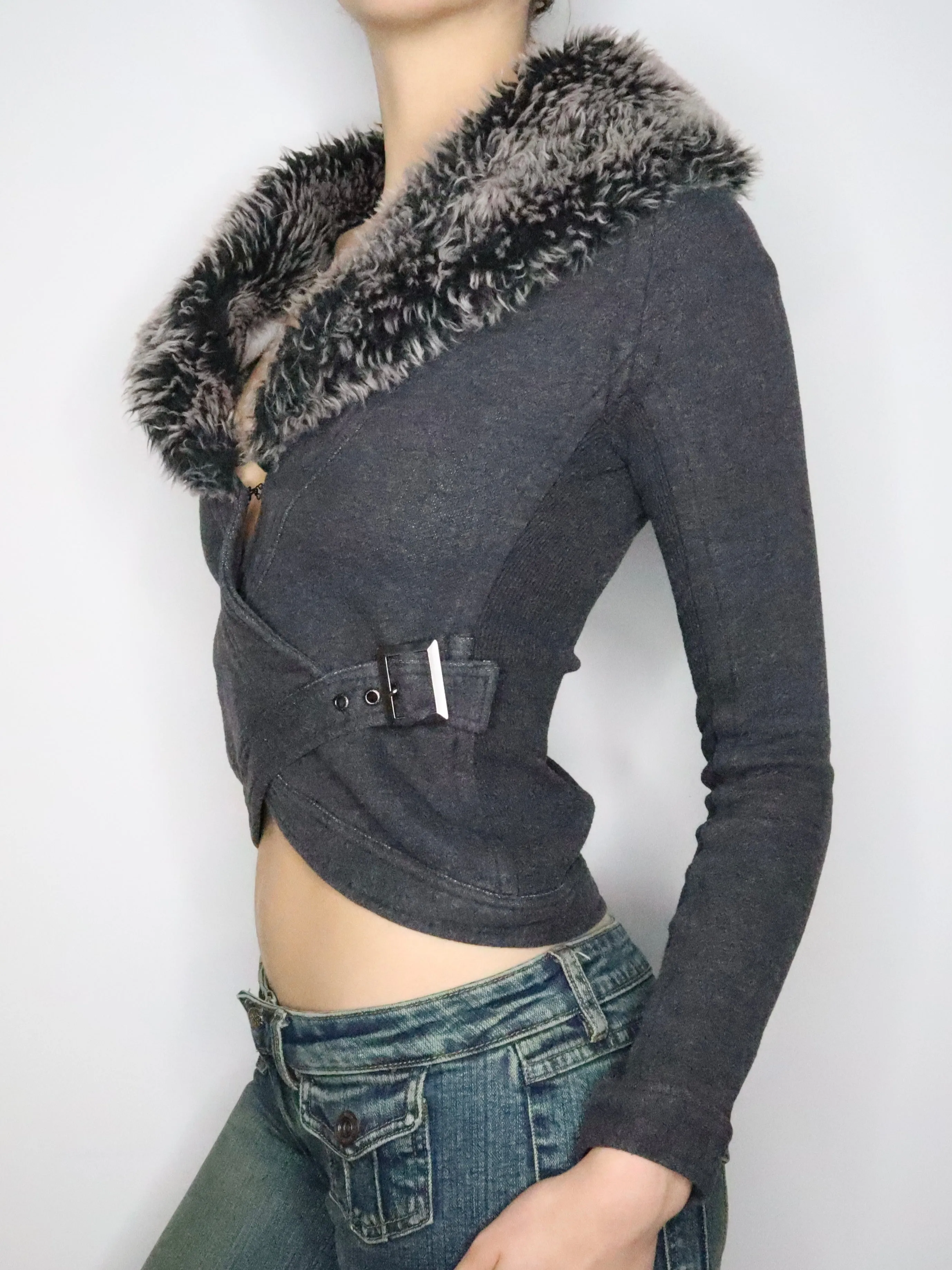 Gray Faux Fur Collar Cardigan (XS) 