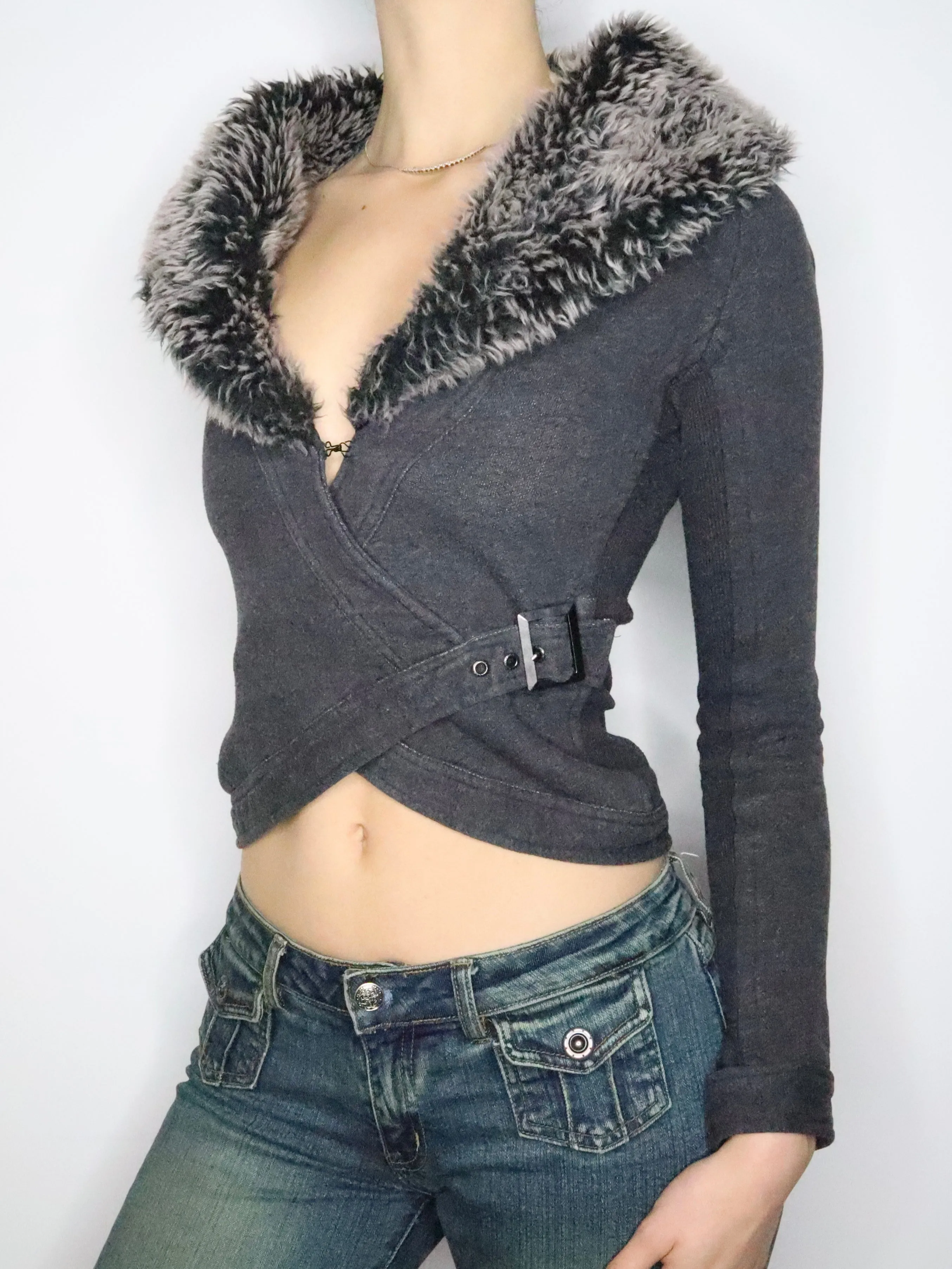 Gray Faux Fur Collar Cardigan (XS) 
