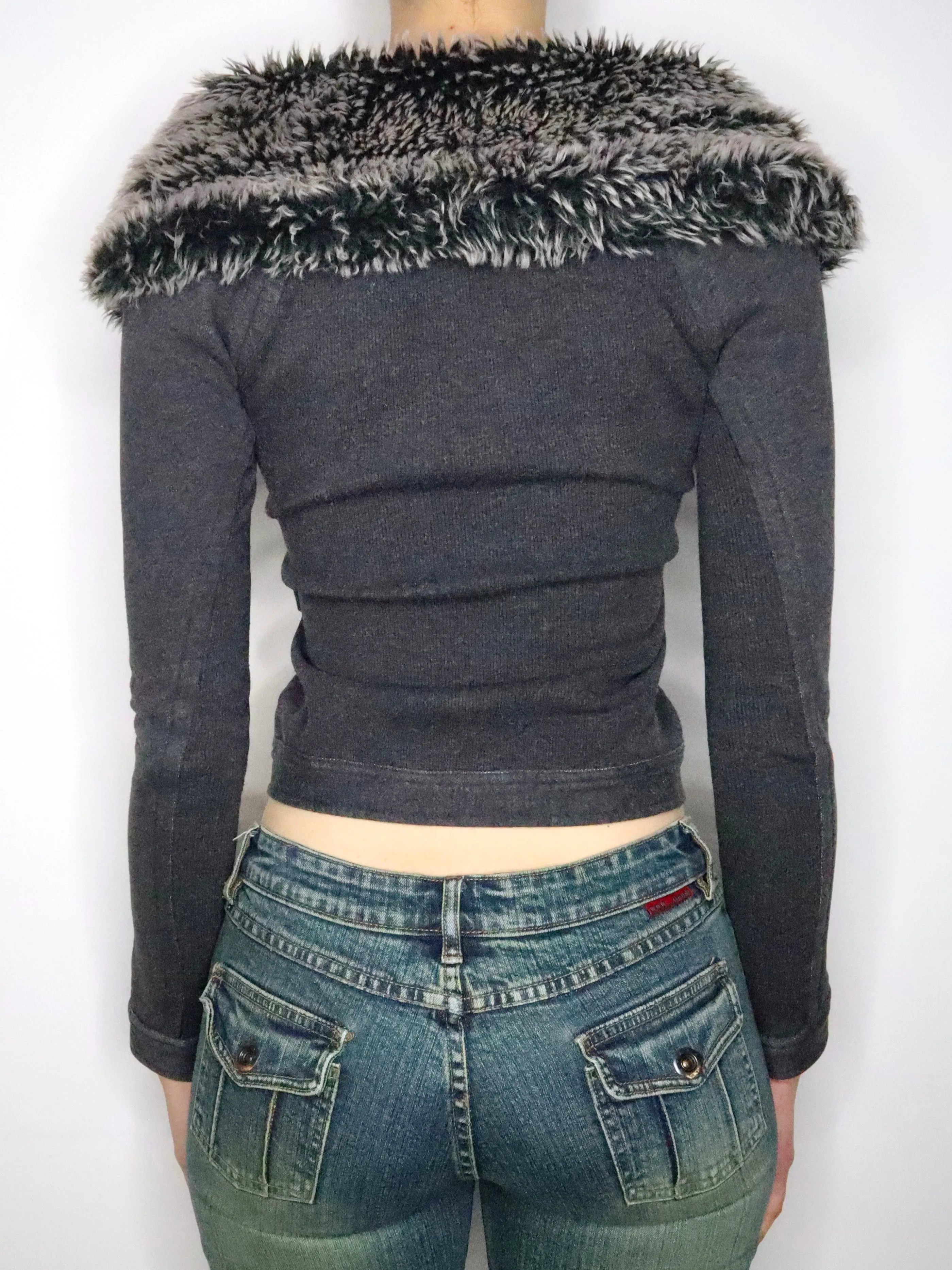 Gray Faux Fur Collar Cardigan (XS) 