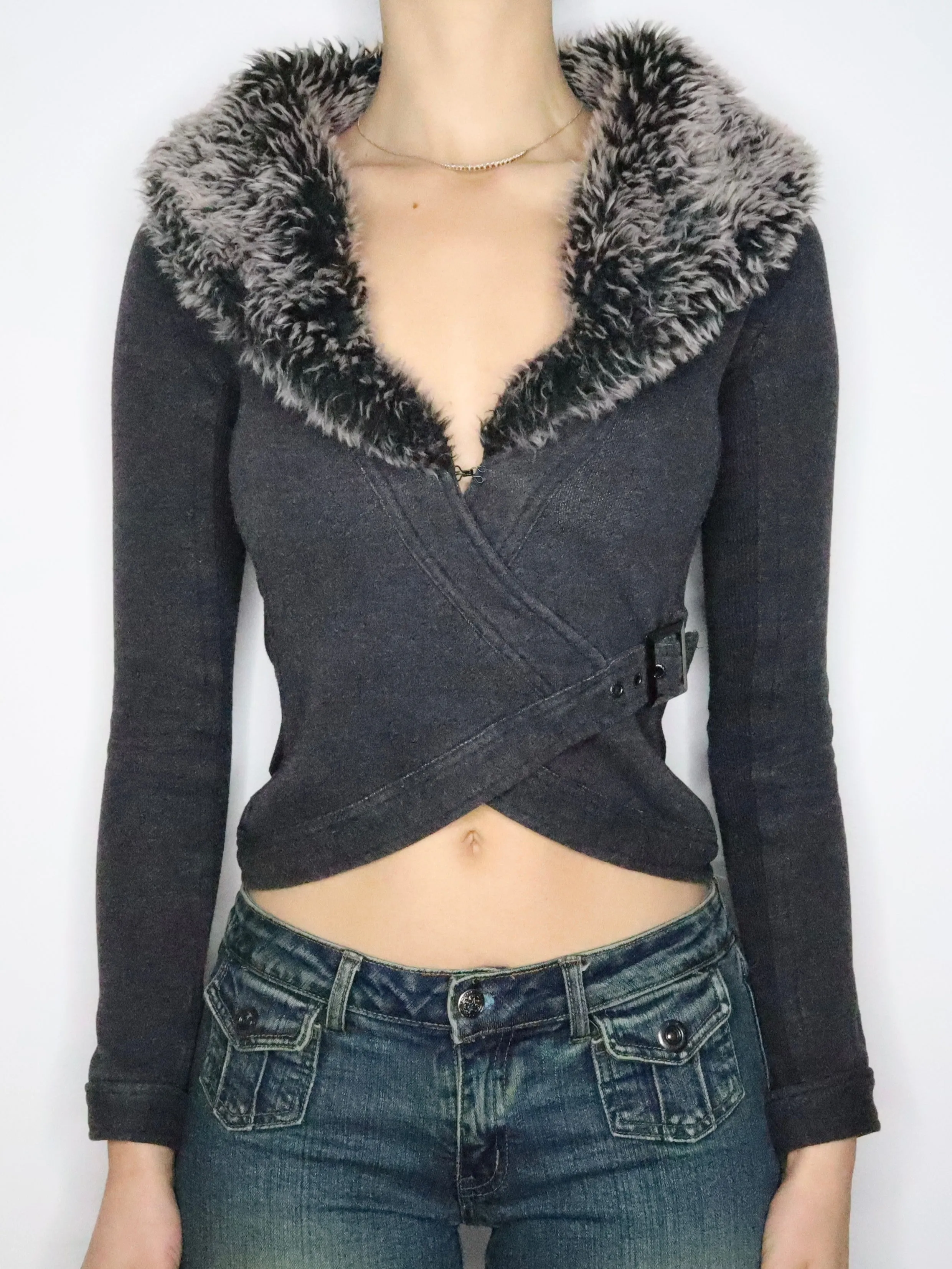 Gray Faux Fur Collar Cardigan (XS) 