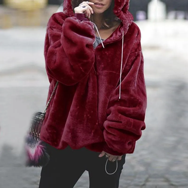 Gray, Pink, Burgundy, Beige, Light Brown Women Loose Hooded Teddy Coat