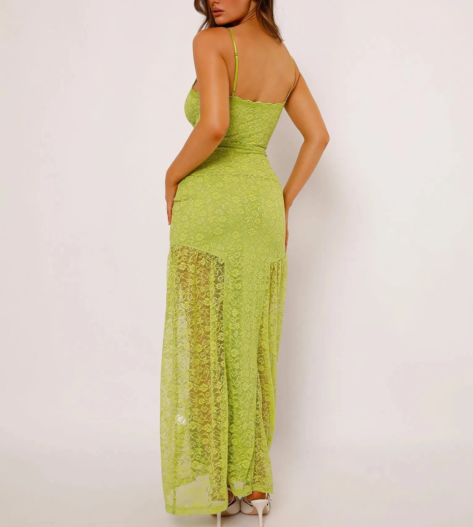 Green Lace Maxi Sleeveless Spaghetti Strap Bodycon Party Club Dress for Women