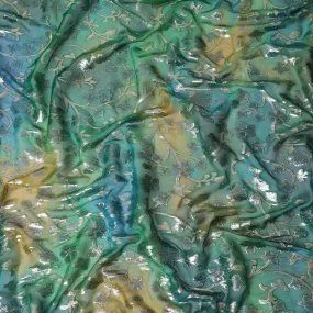 Green Premium pure silk chiffon fabric with gold metallic lurex in floral design-D12538