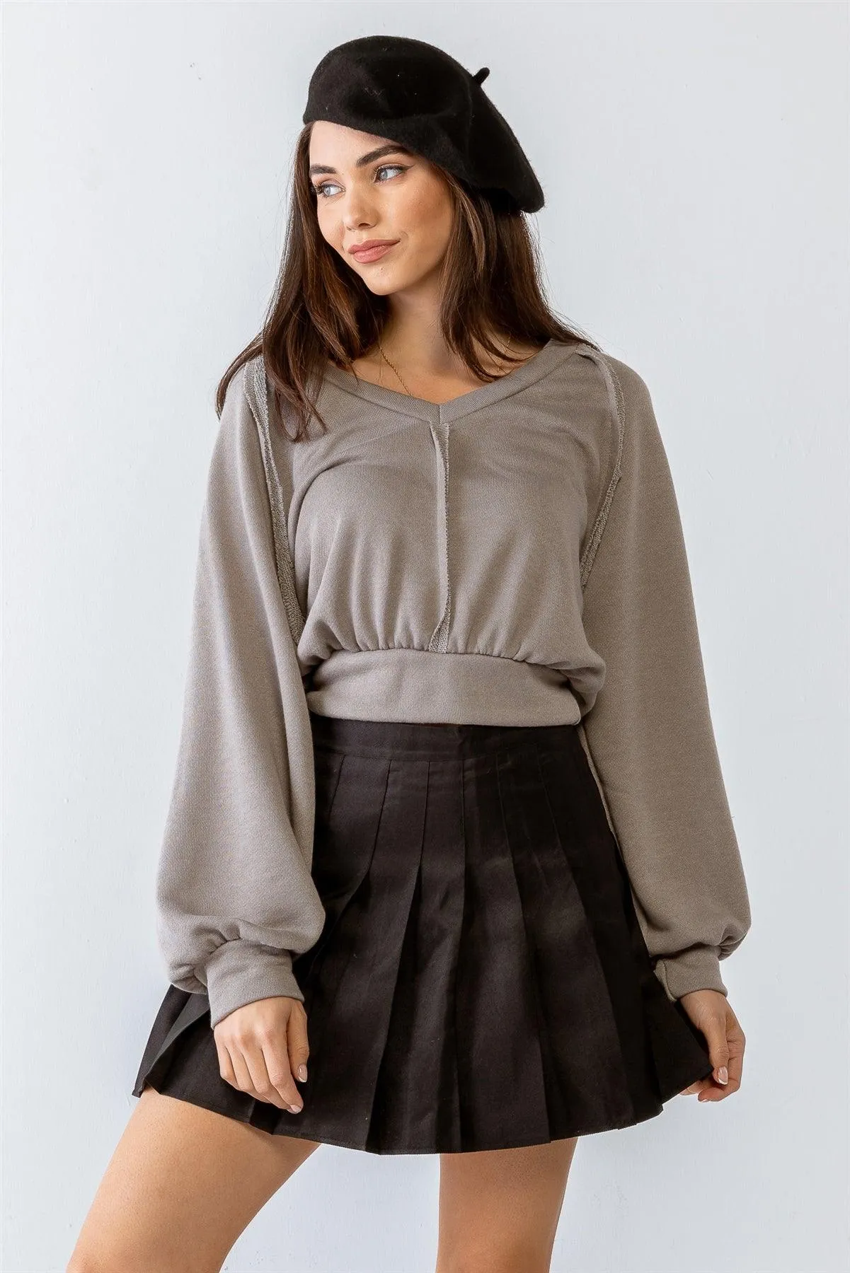 Grey Inside-Out Detail Long Sleeve Crop Top