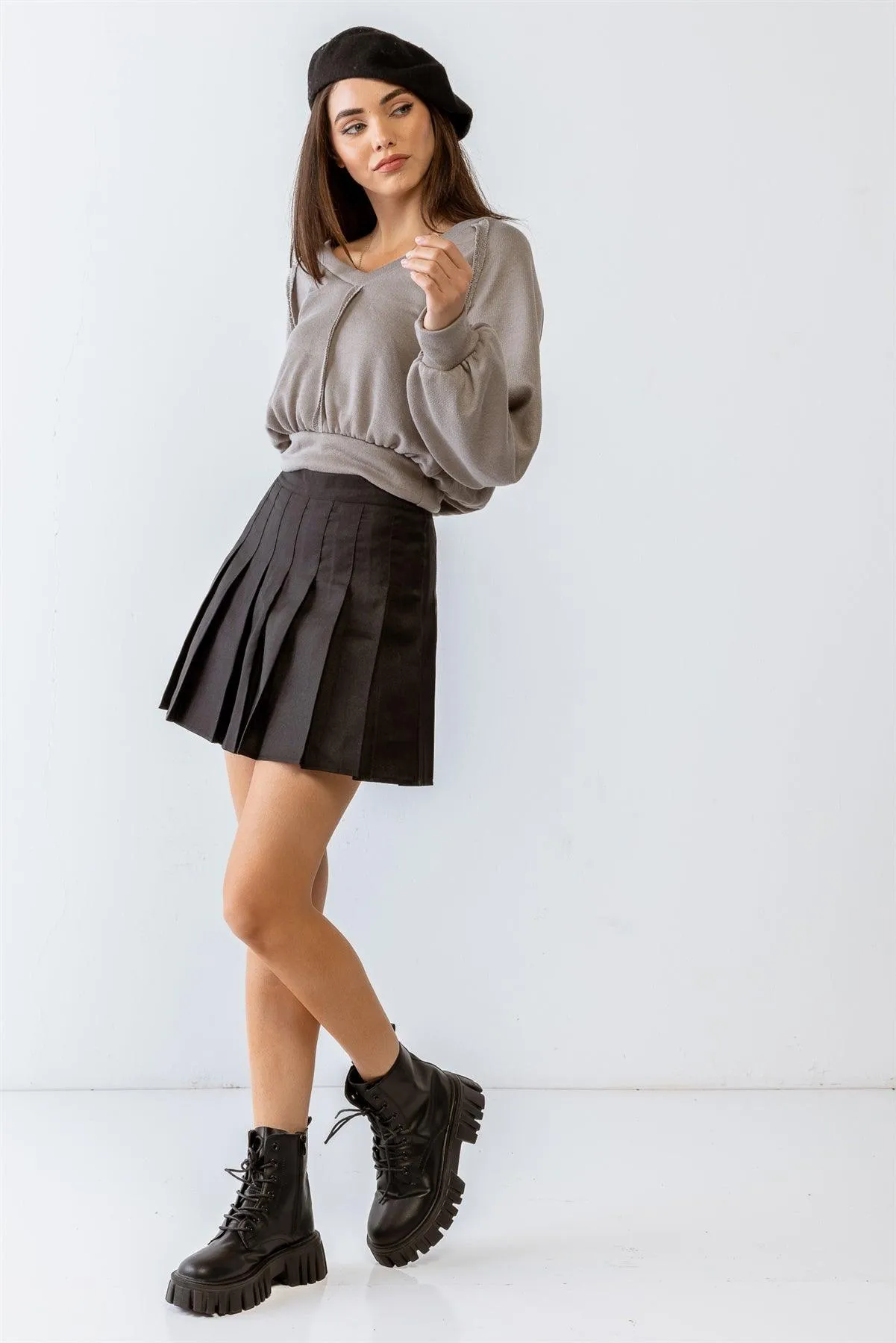 Grey Inside-Out Detail Long Sleeve Crop Top