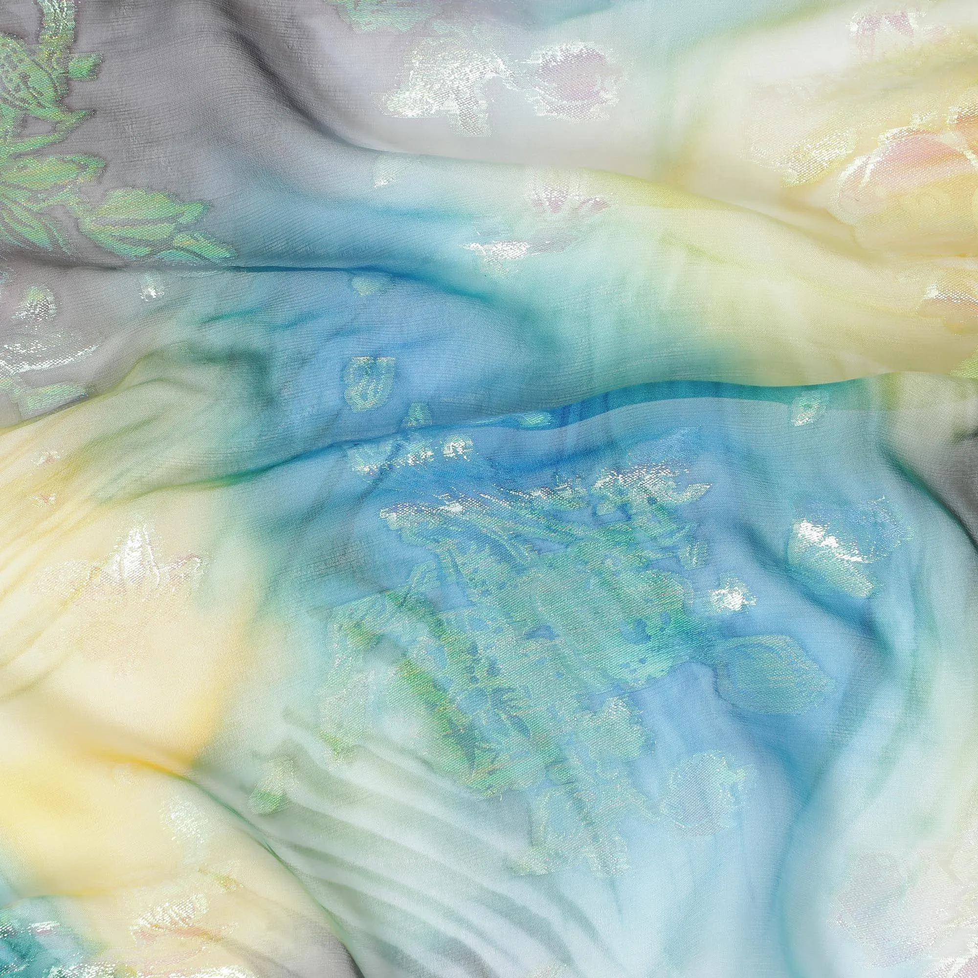 Hand printed multicolour silk chiffon fabric with rainbow metallic jacquard in floral design - D9875