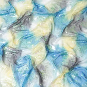 Hand printed multicolour silk chiffon fabric with rainbow metallic jacquard in floral design - D9875