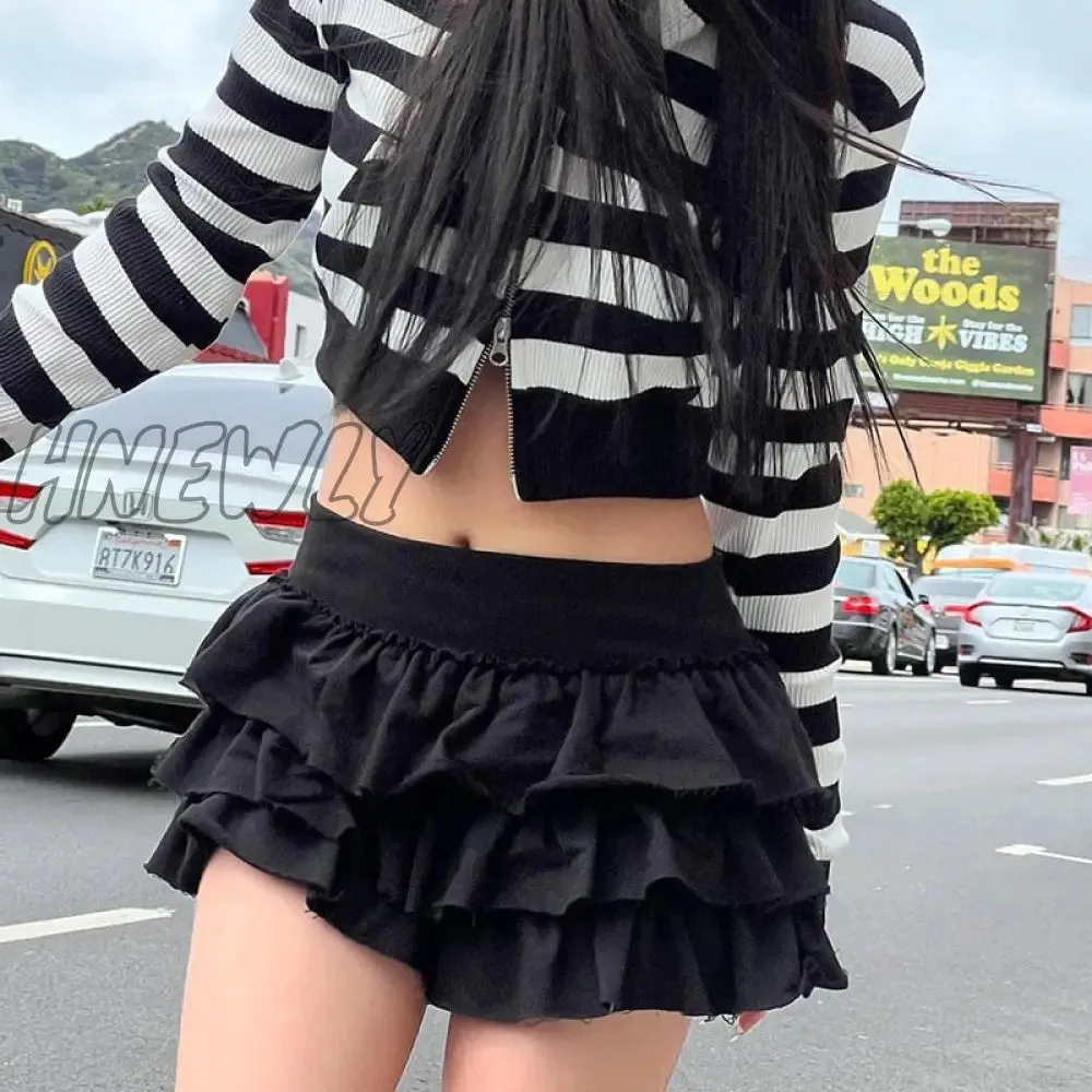 Hnewly Streetwear Y2k Pleated Skirt Women Elastic Waist A-line Ruffles Cute Sexy Layered Mini Cake Skirt Summer Gyaru Fashion
