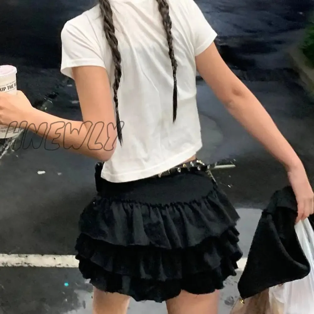 Hnewly Streetwear Y2k Pleated Skirt Women Elastic Waist A-line Ruffles Cute Sexy Layered Mini Cake Skirt Summer Gyaru Fashion